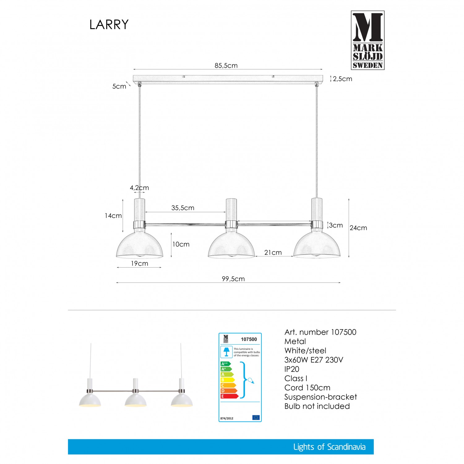 Подвесной светильник MarkSlojd Sweden LARRY Pendant 3L White/Steel 107500