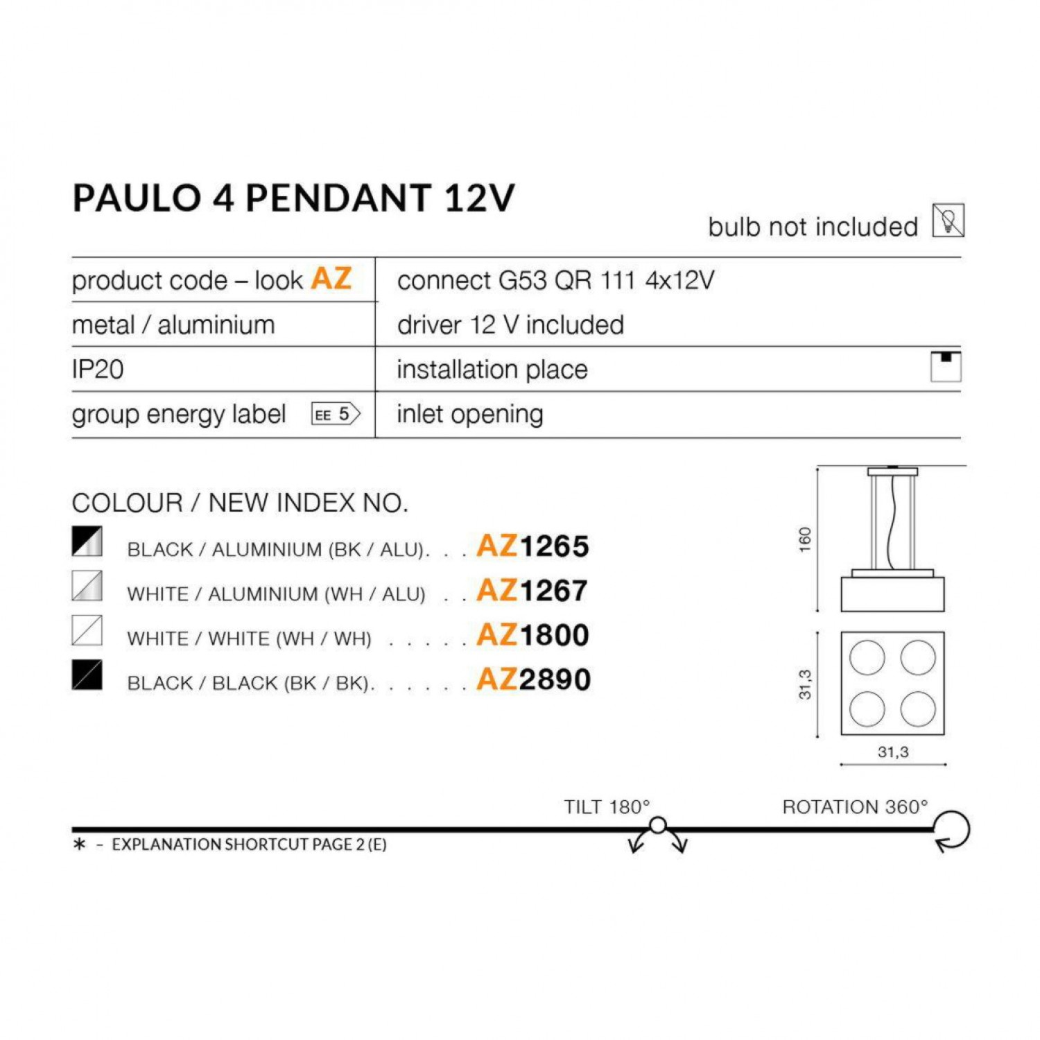 Подвесной светильник AZzardo PAULO 4 12V PENDANT WHITEWHITE AZ1800