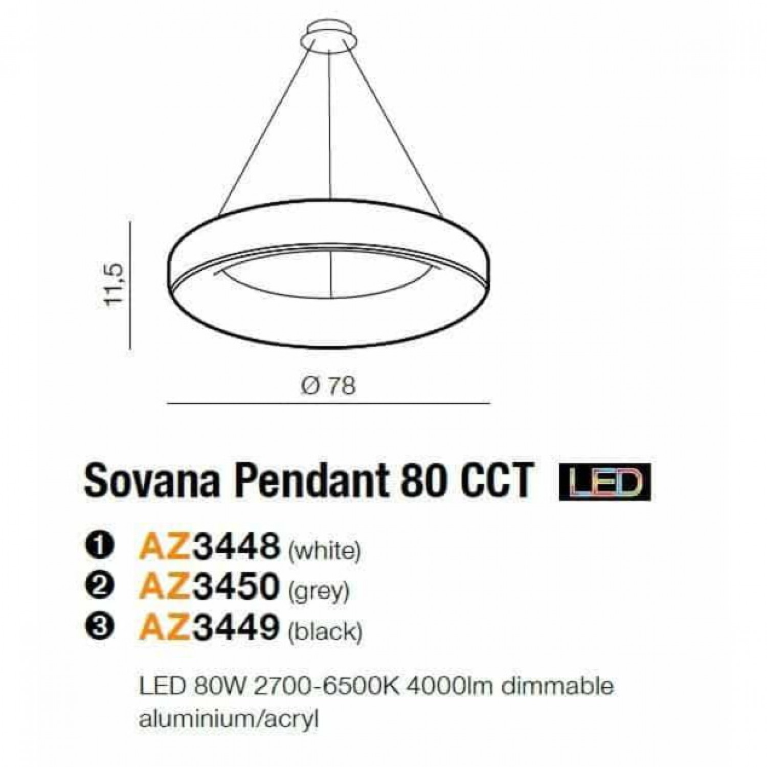 Люстра AZzardo SOVANA PENDANT 80 CCT WHITE AZ3448