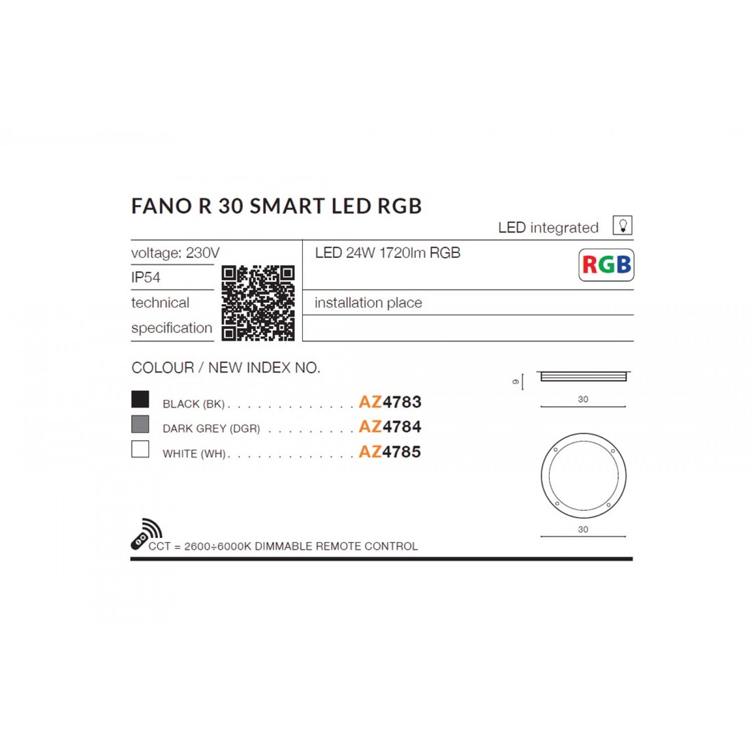 Потолочный светильник AZzardo FANO R 30 SMART LED BK AZ4783