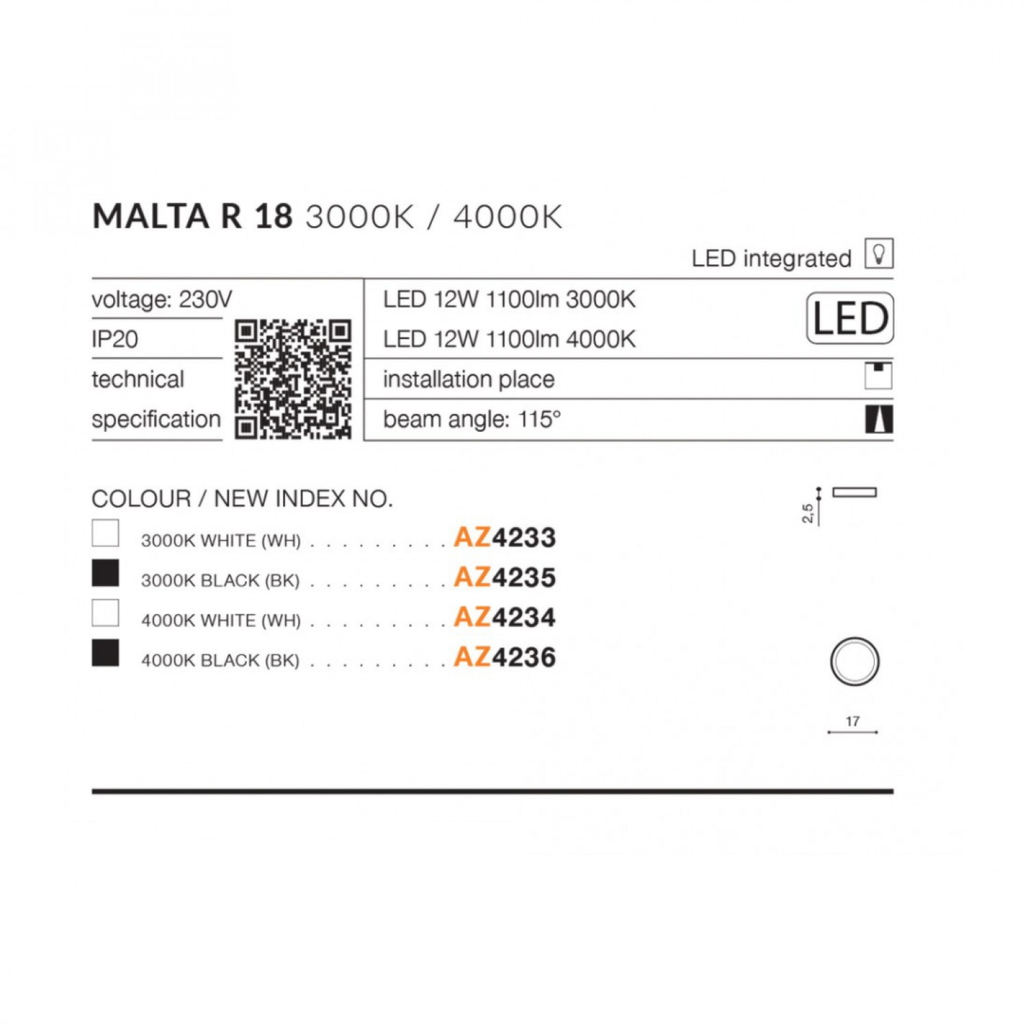 Потолочный светильник AZzardo MALTA R 18 3000K BK AZ4235