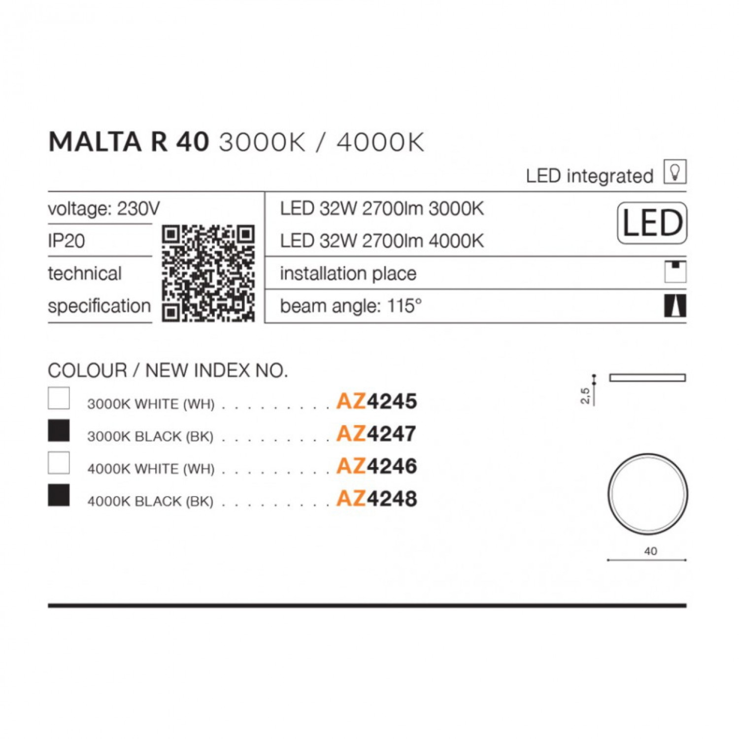 Стельовий світильник AZzardo MALTA R 40 3000K WH AZ4245