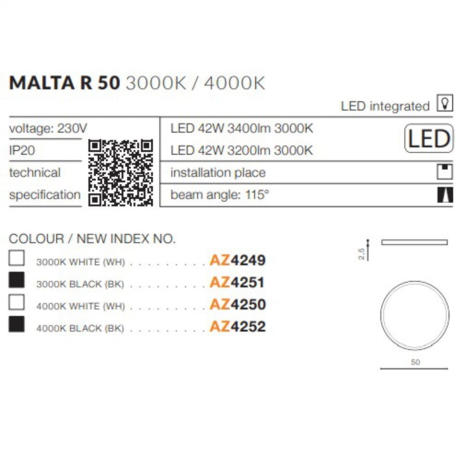 Стельовий світильник AZzardo MALTA R 50 4000K WH AZ4250