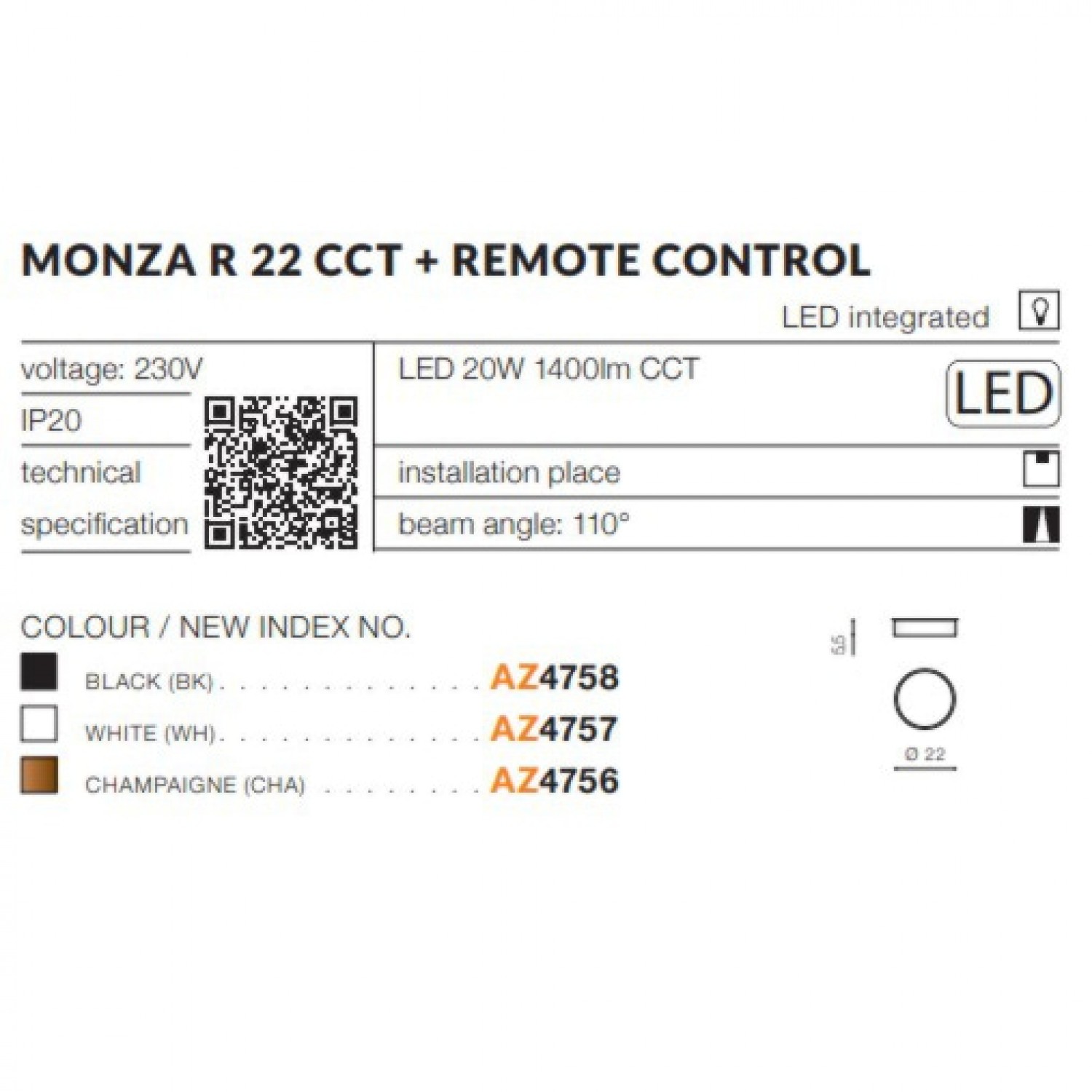 Потолочный светильник AZzardo MONZA R 22 CCT + REMOTE CONTROL (BK) AZ4758