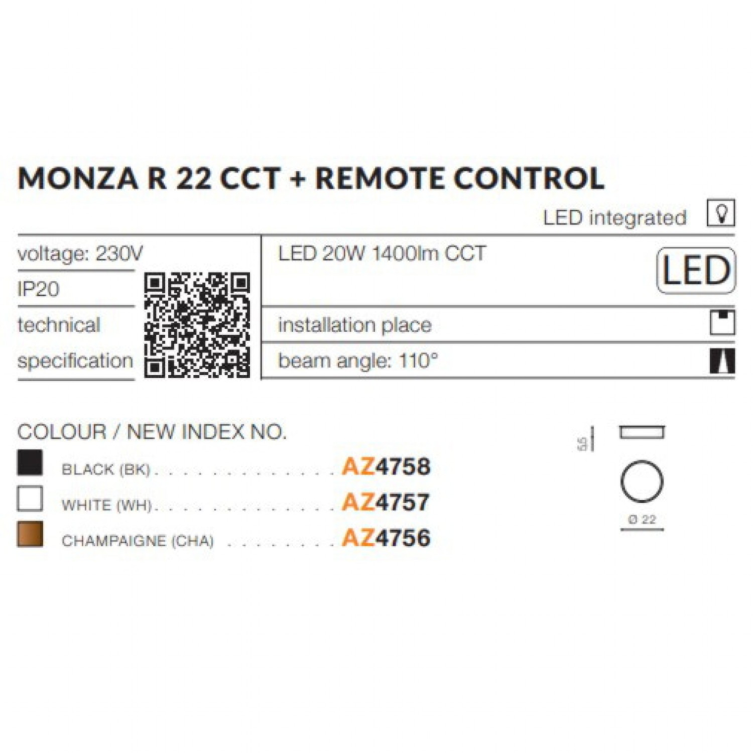 Потолочный светильник AZzardo MONZA R 22 CCT + REMOTE CONTROL (CHA) AZ4756
