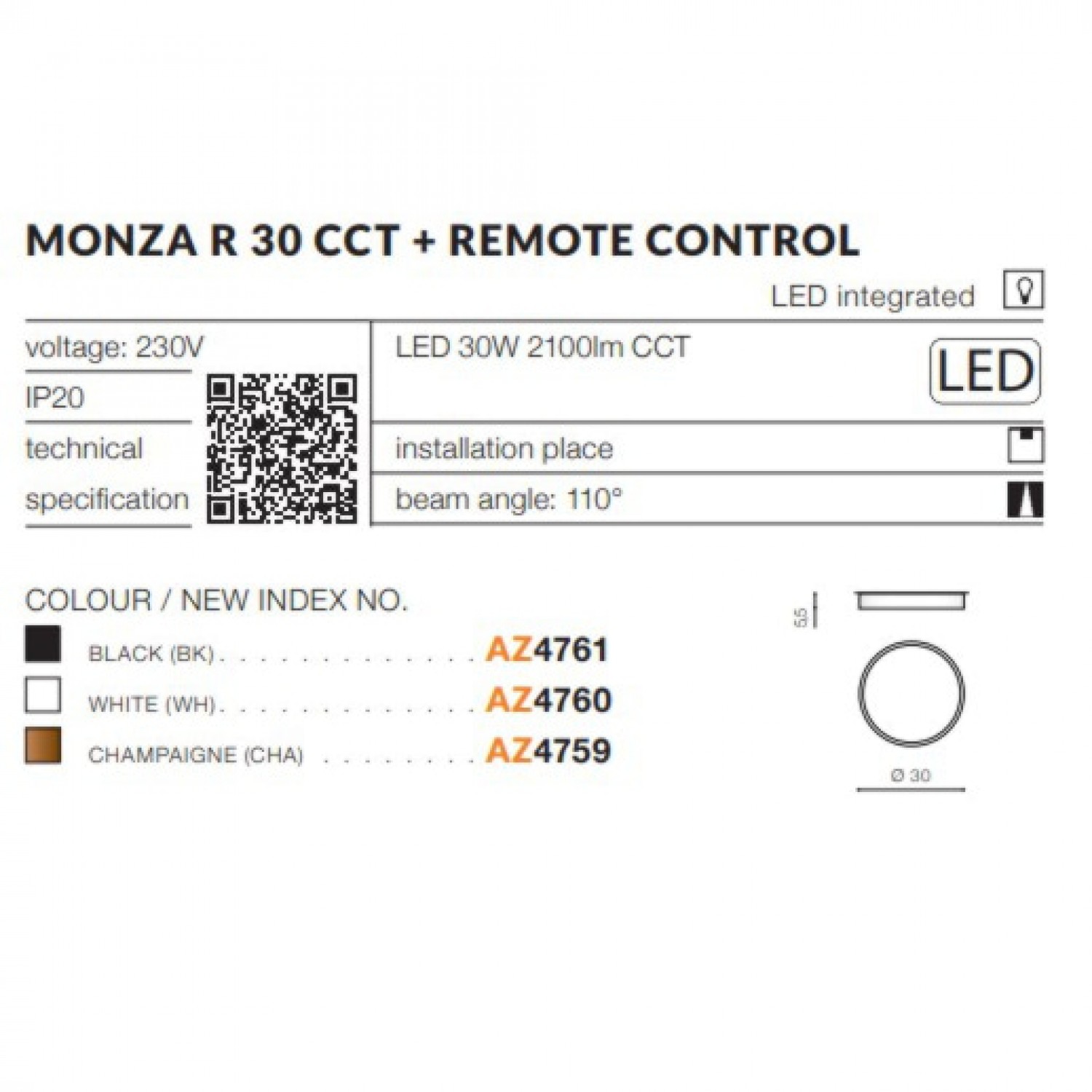 Потолочный светильник AZzardo MONZA R 30 CCT + REMOTE CONTROL (BK) AZ4761