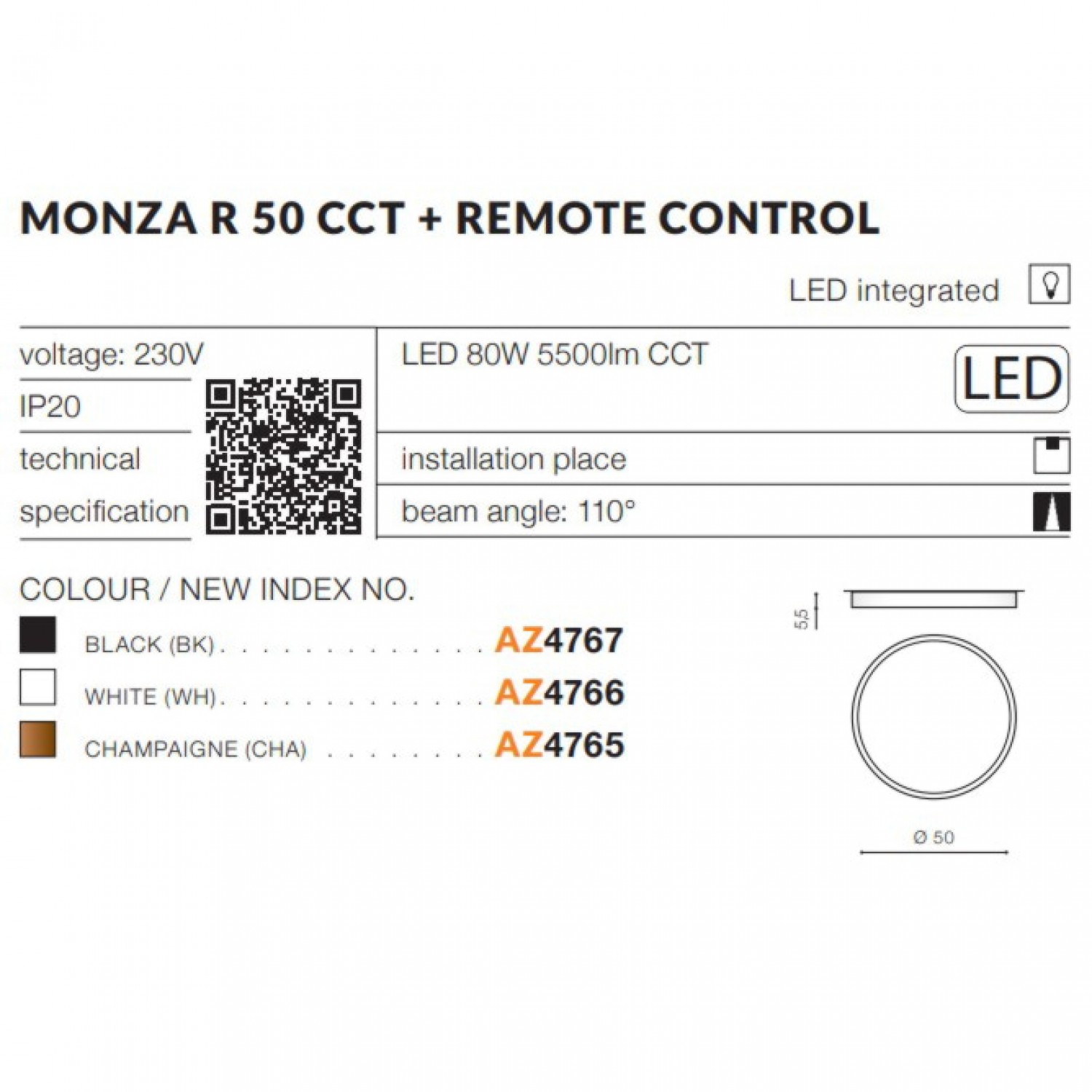 Потолочный светильник AZzardo MONZA R 50 CCT + REMOTE CONTROL (CHA) AZ4765
