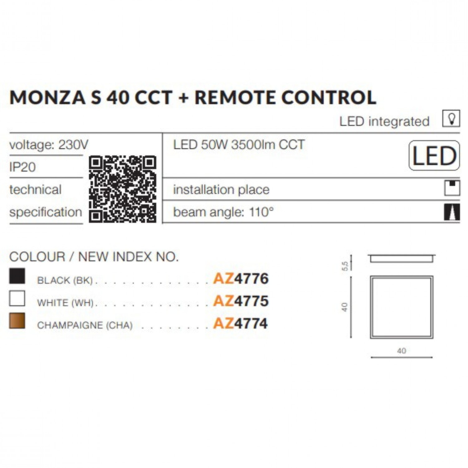 Потолочный светильник AZzardo MONZA S 40 CCT + REMOTE CONTROL (BK) AZ4776