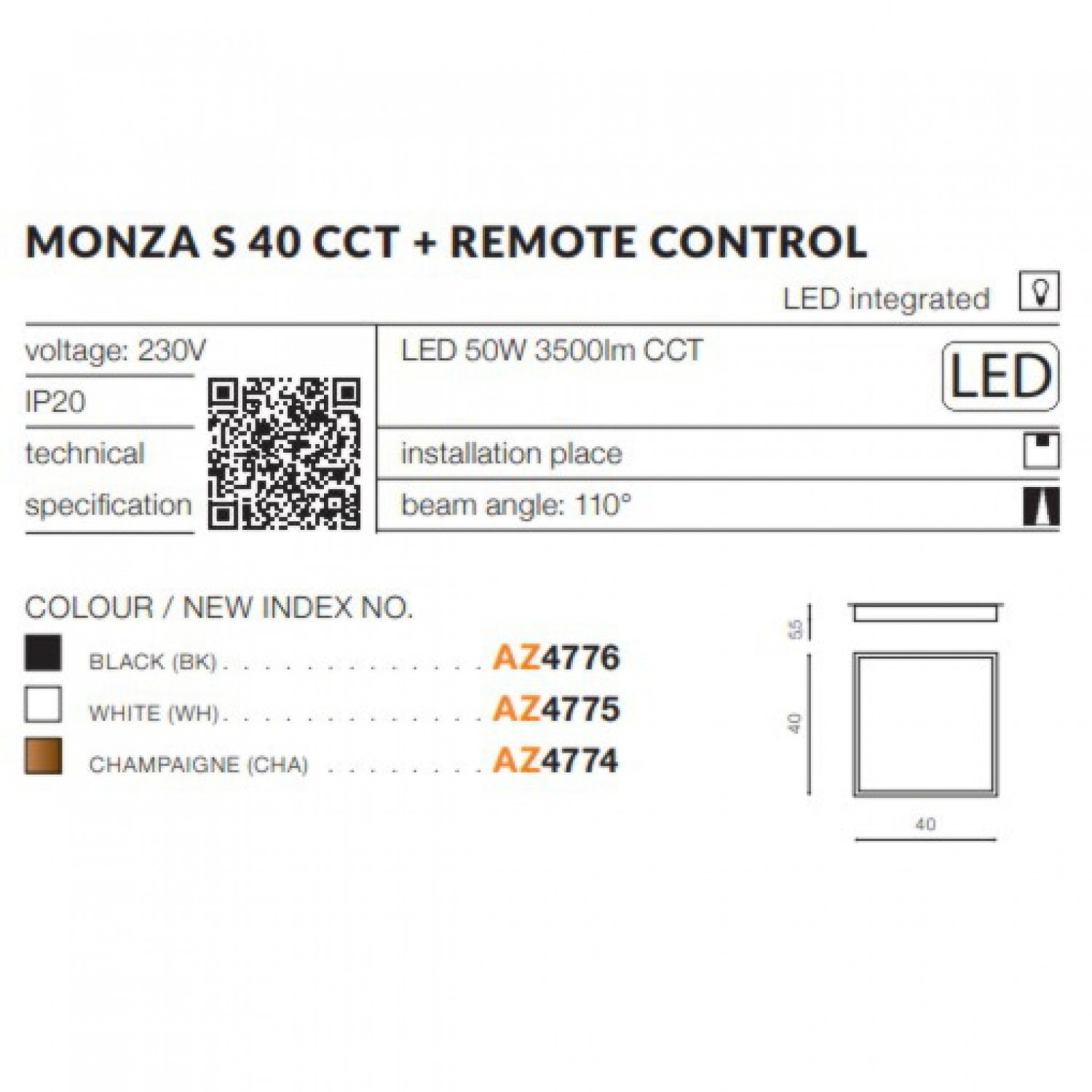 Потолочный светильник AZzardo MONZA S 40 CCT + REMOTE CONTROL (CHA) AZ4774