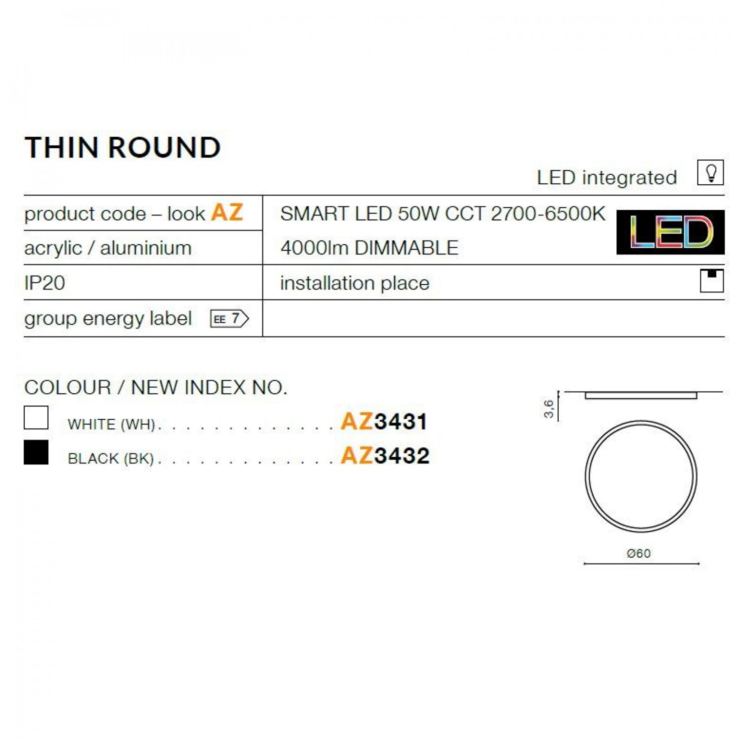 Потолочный светильник AZzardo Thin Round CCT Smart AZ3431
