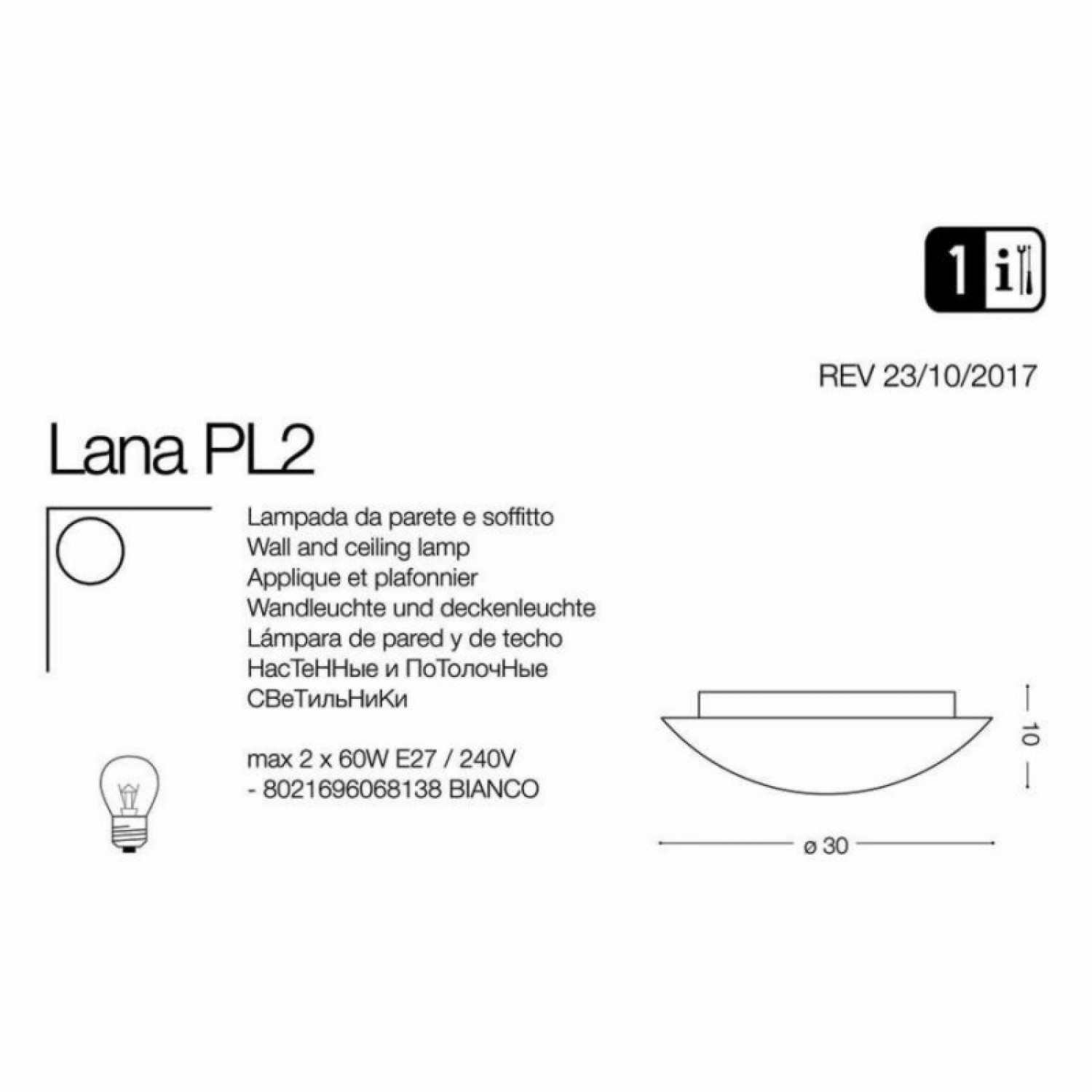 Потолочный светильник Ideal Lux LANA PL2 068138