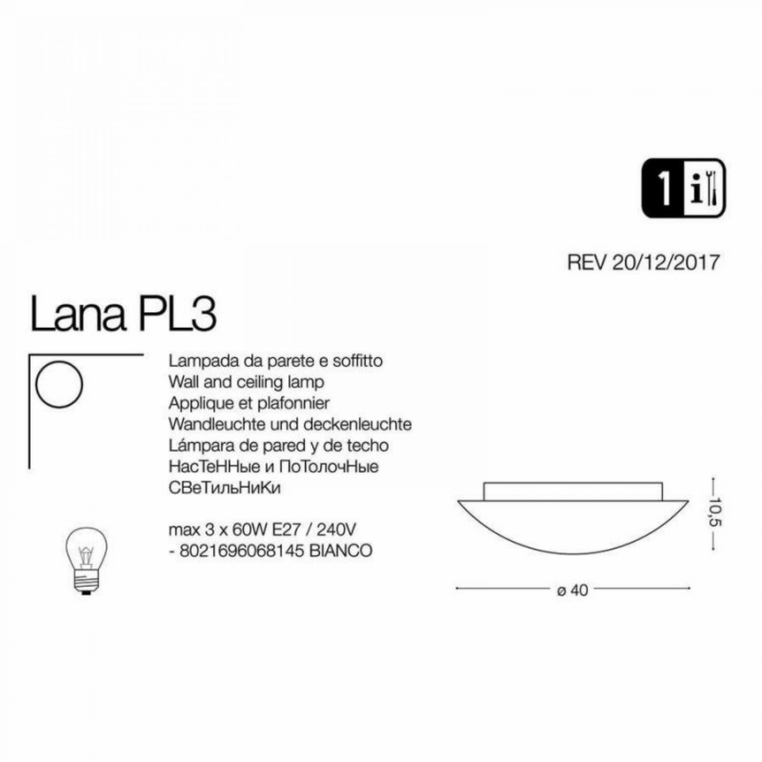 Стельовий світильник Ideal Lux LANA PL3 068145