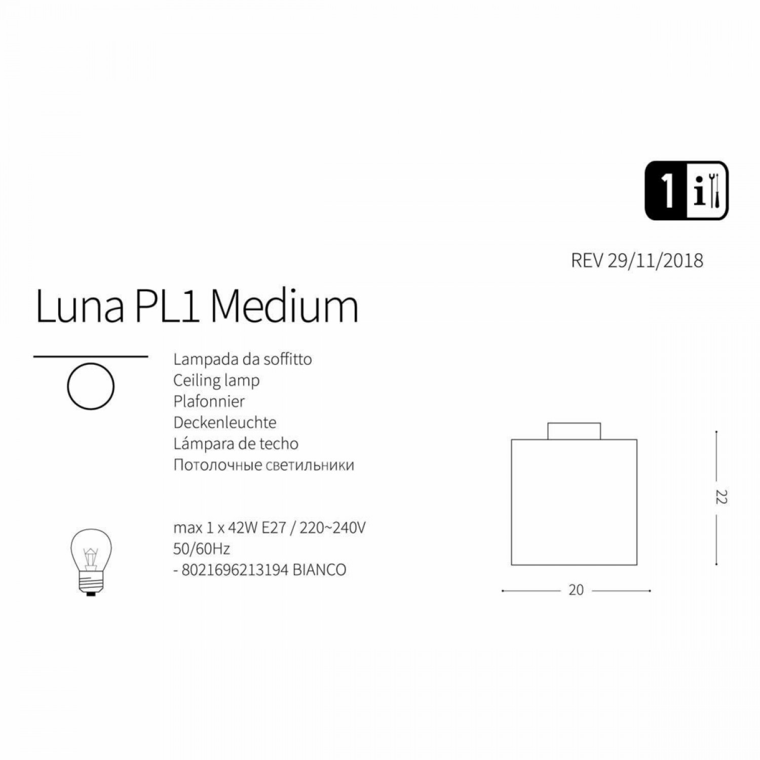 Стельовий світильник Ideal Lux LUNA PL1 MEDIUM 213194
