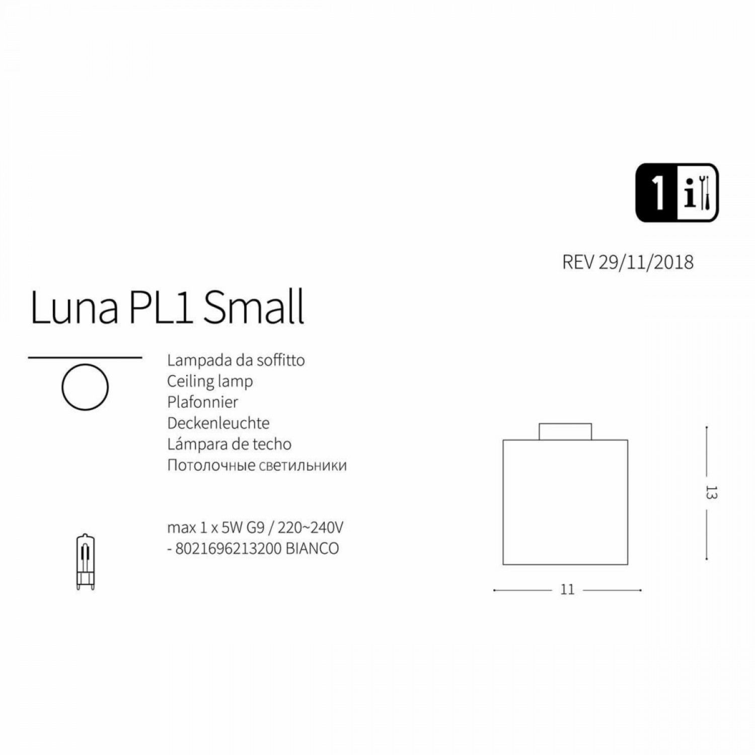 Потолочный светильник Ideal Lux LUNA PL1 SMALL 213200