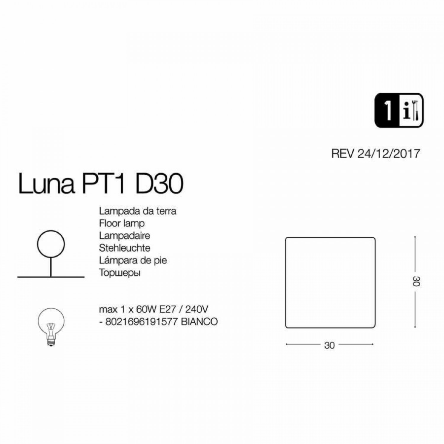 Уличный светильник Ideal Lux LUNA PT1 D30 191577