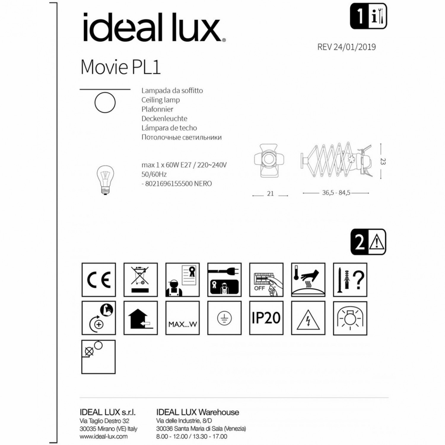 Потолочный светильник Ideal Lux MOVIE PL1 155500
