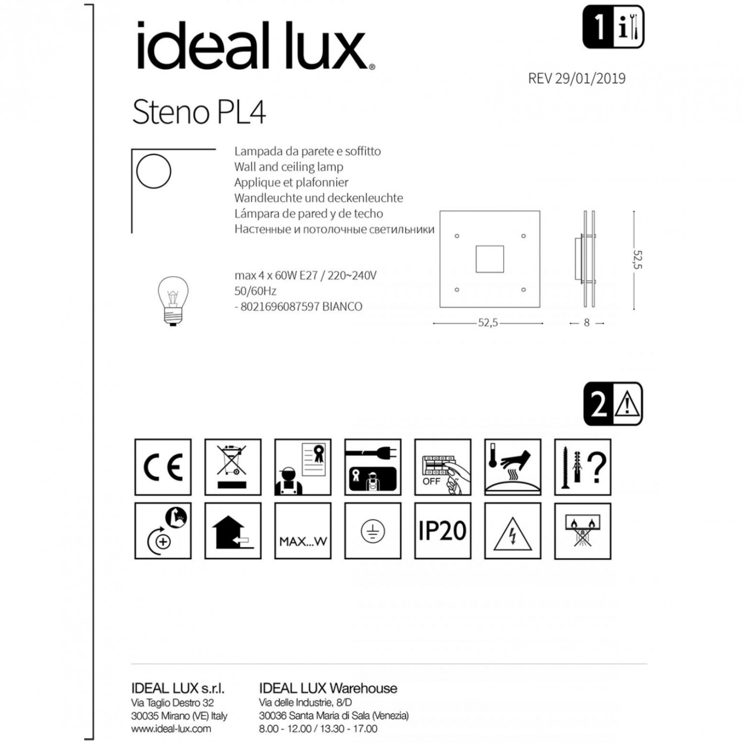 Потолочный светильник Ideal Lux STENO PL4 087597