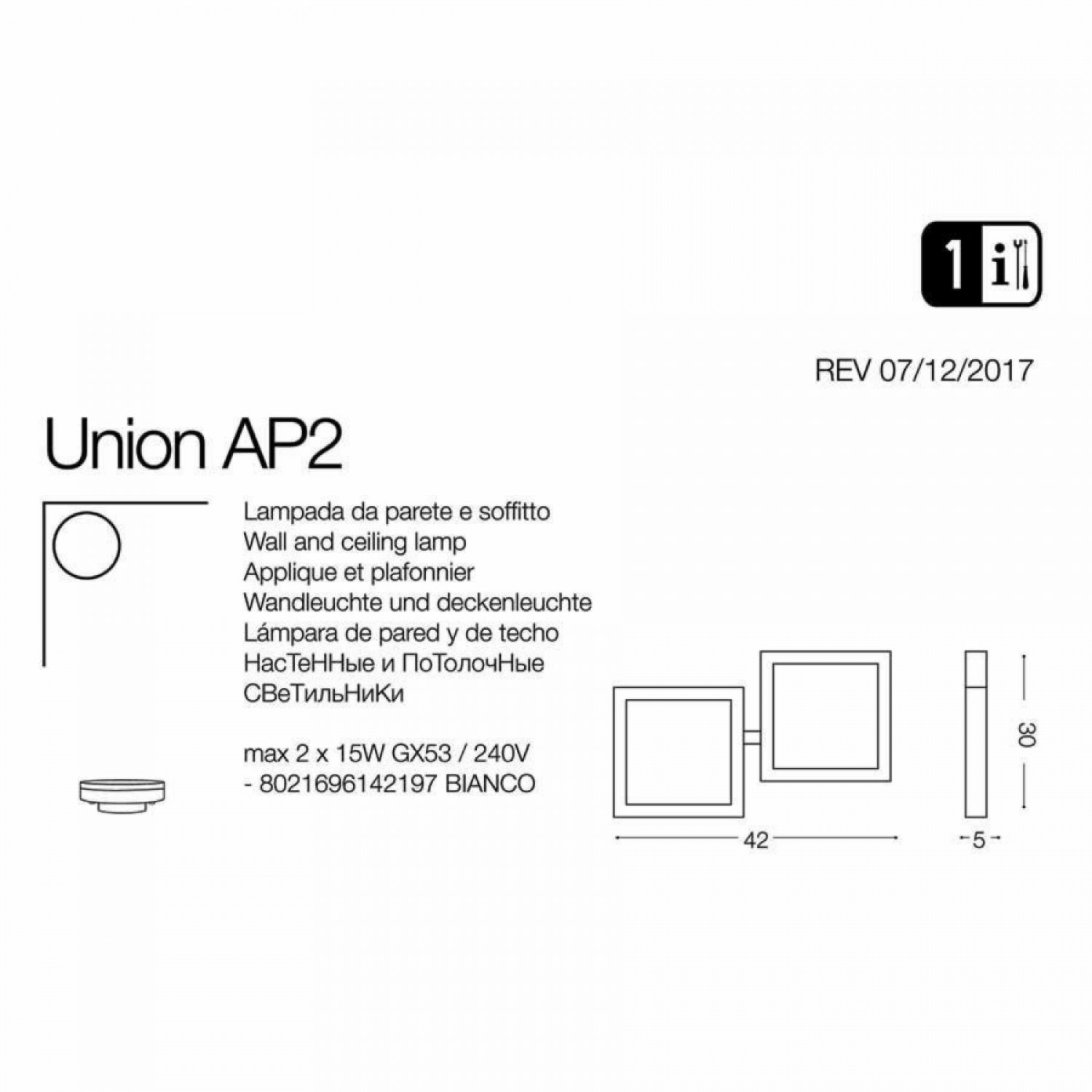 Потолочный светильник Ideal Lux UNION AP2 142197