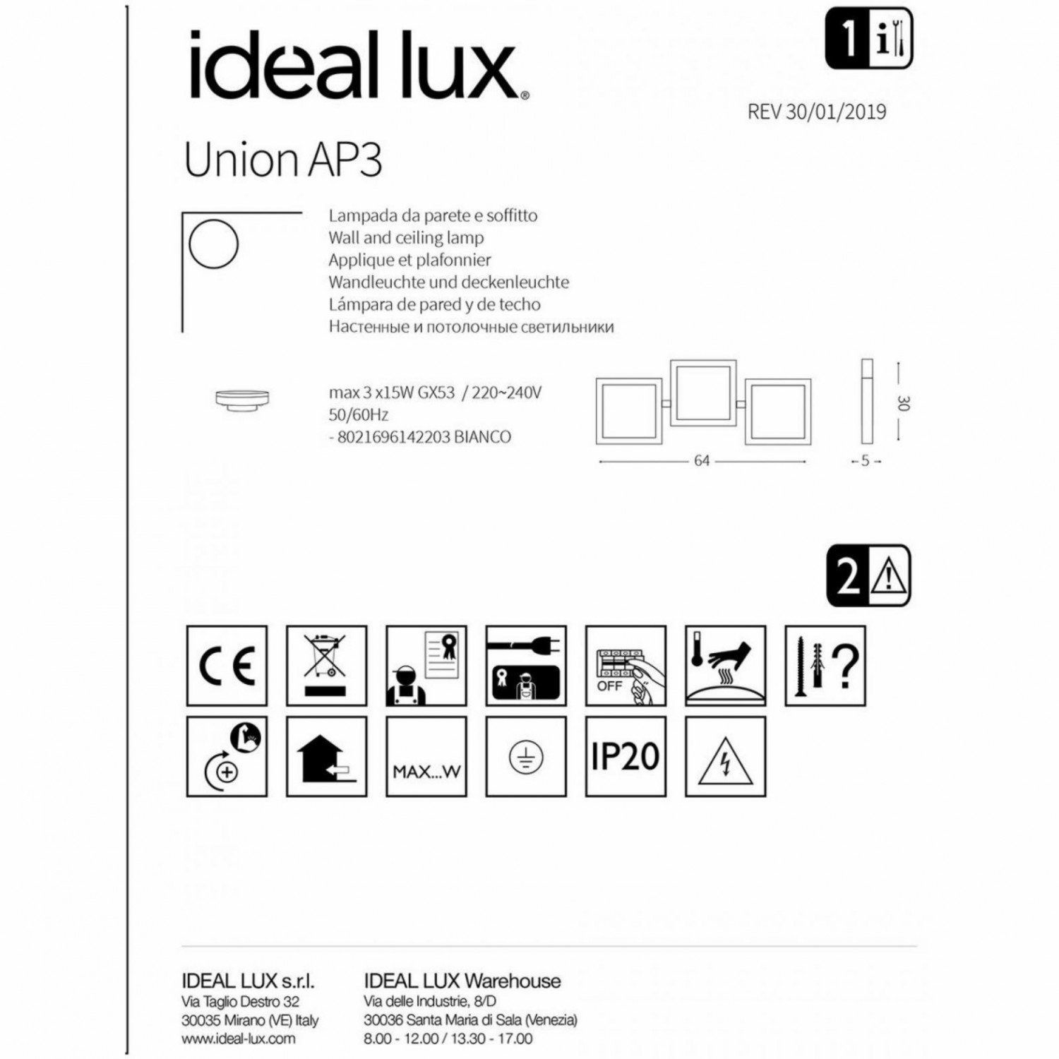Потолочный светильник Ideal Lux UNION AP3 142203