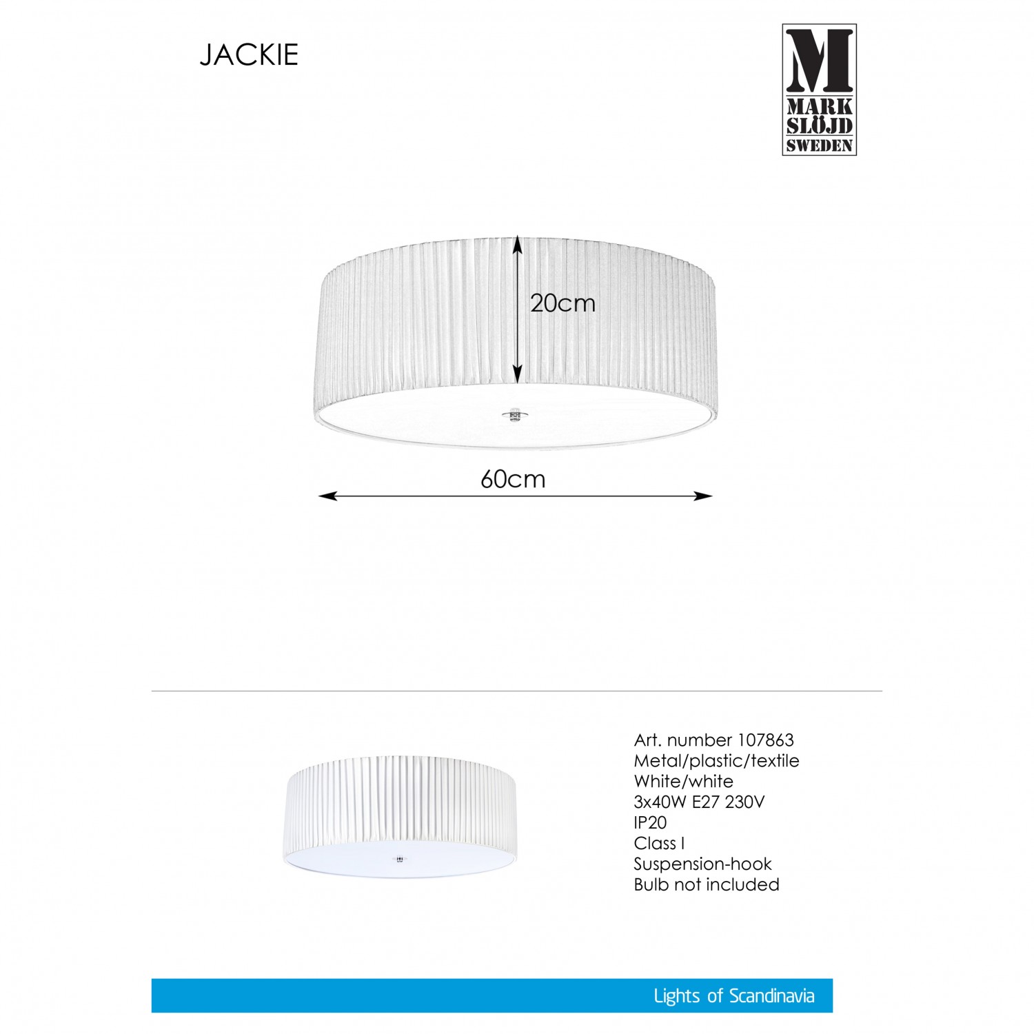 Потолочный светильник MarkSlojd Sweden JACKIE Plafond 3L 60cm White 107863