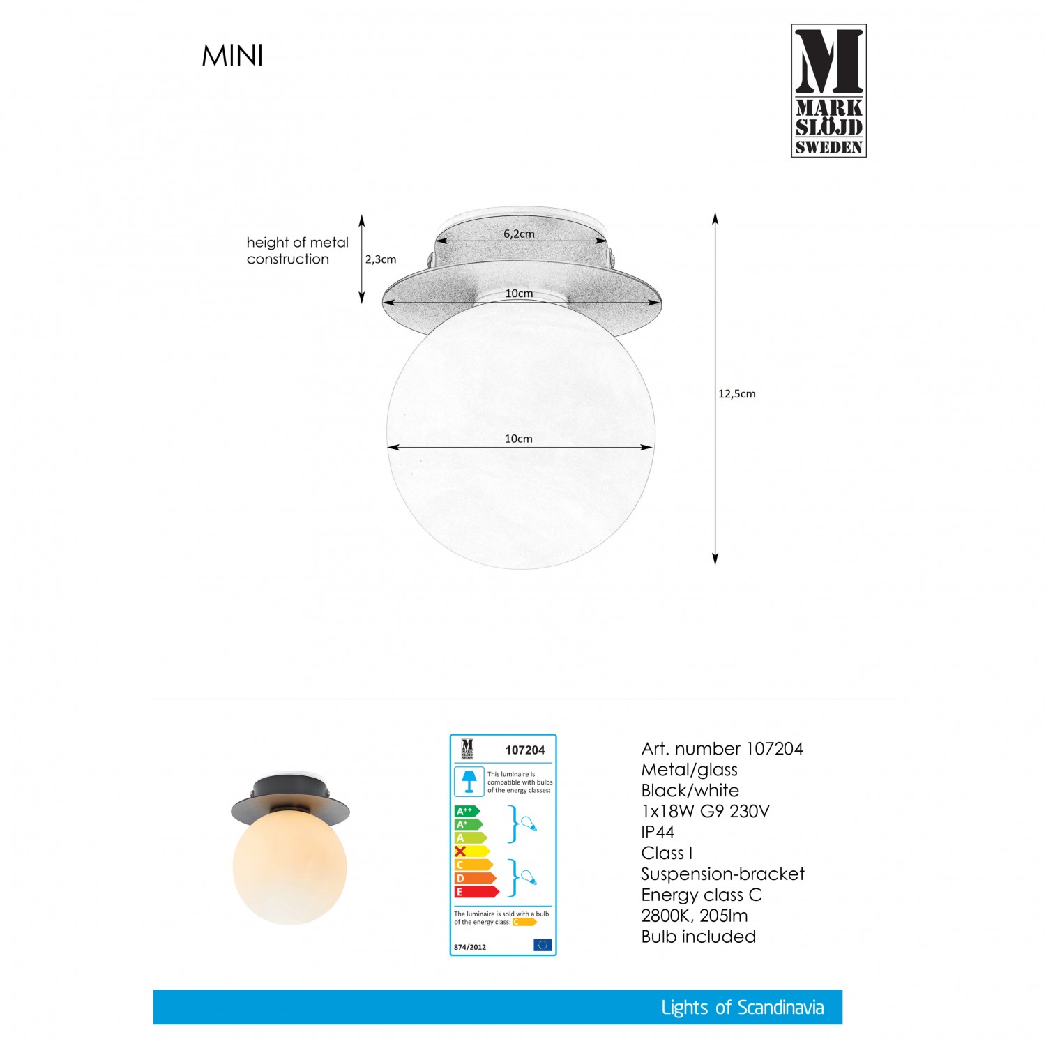 Стельовий світильник MarkSlojd Sweden MINI Ceiling/Wall 1L Black/White IP44 107204
