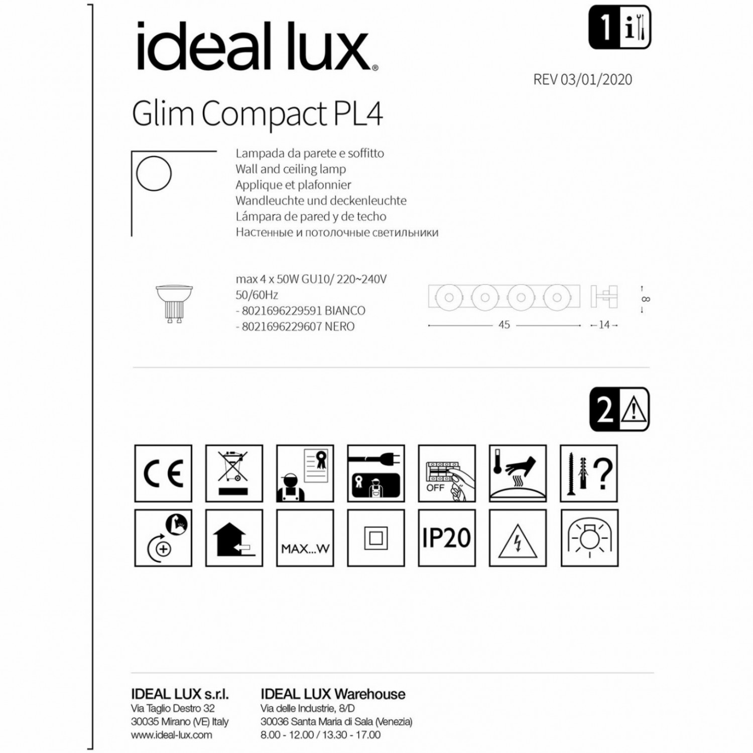 Спот Ideal Lux GLIM COMPACT PL4 NERO 229607