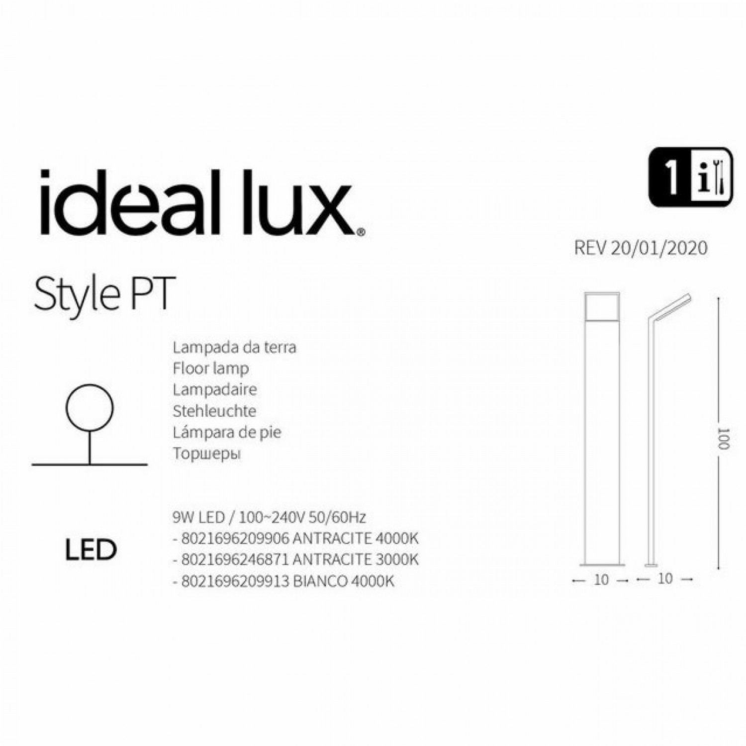Столбик Ideal Lux STYLE PT ANTRACITE 4000K 209906