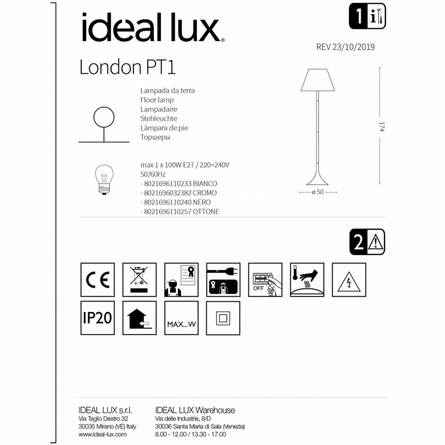 Торшер Ideal Lux LONDON PT1 OTTONE 110257