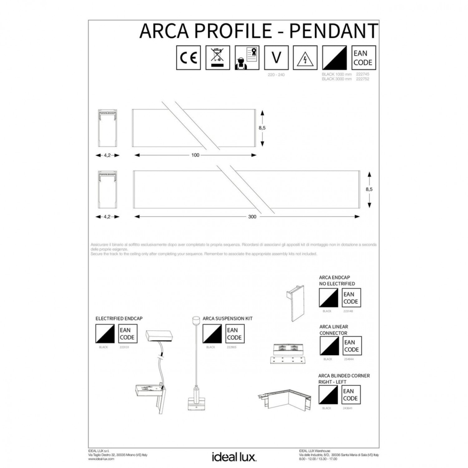 Трековый шинопровод Ideal Lux ARCA PROFILE 1000 mm SURFACE 222745