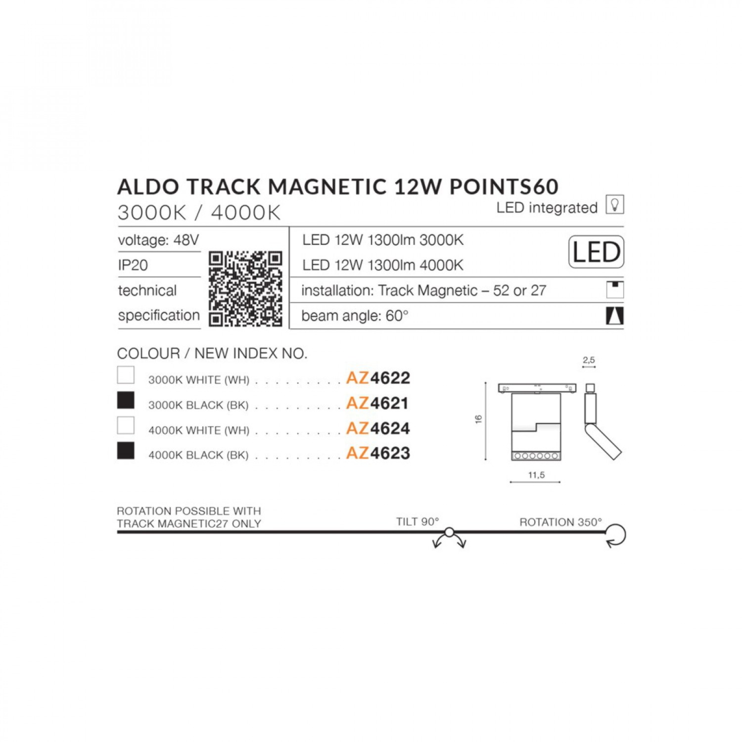 Трековый светильник AZzardo ALDO TRACK MAGNETIC 12W POINTS60 3000K WH AZ4622