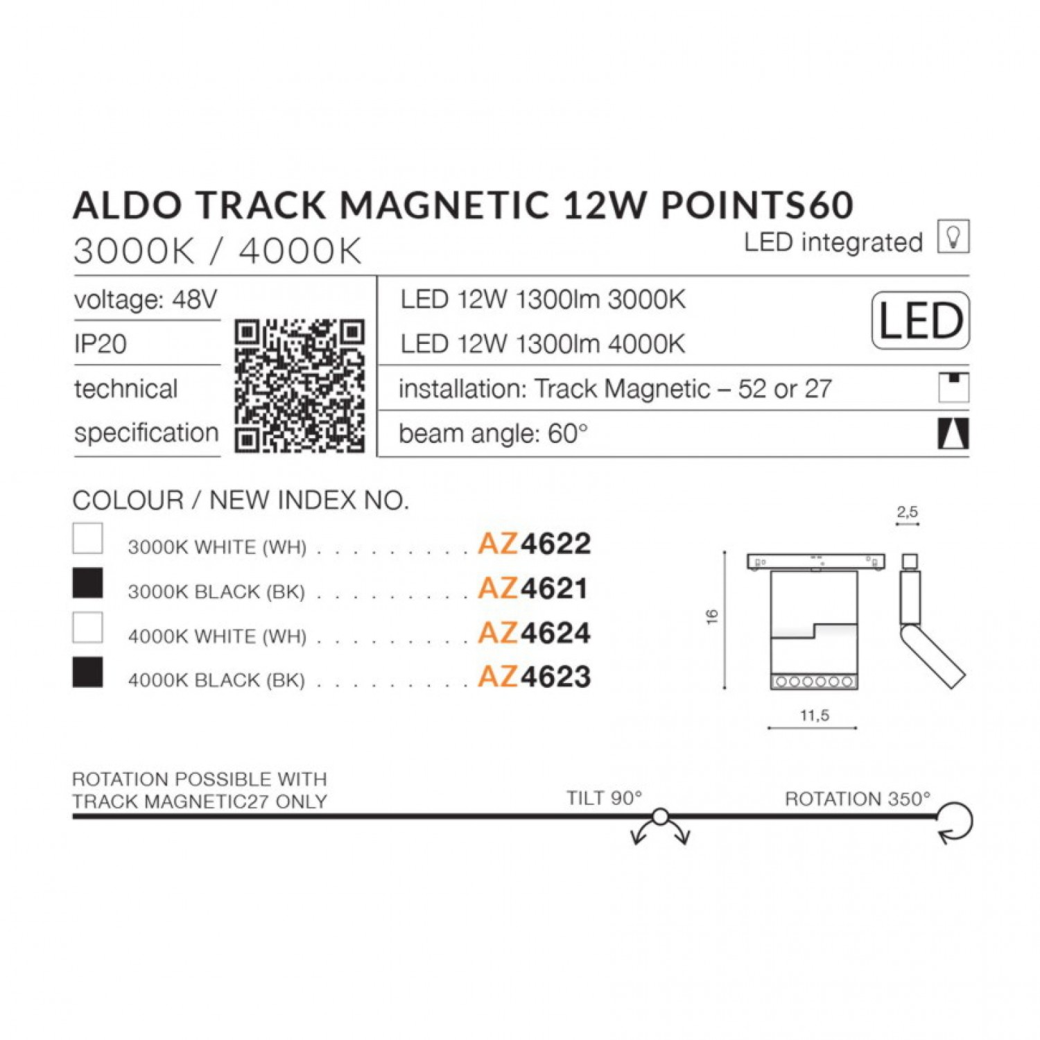 Трековый светильник AZzardo ALDO TRACK MAGNETIC 12W POINTS60 4000K WH AZ4624