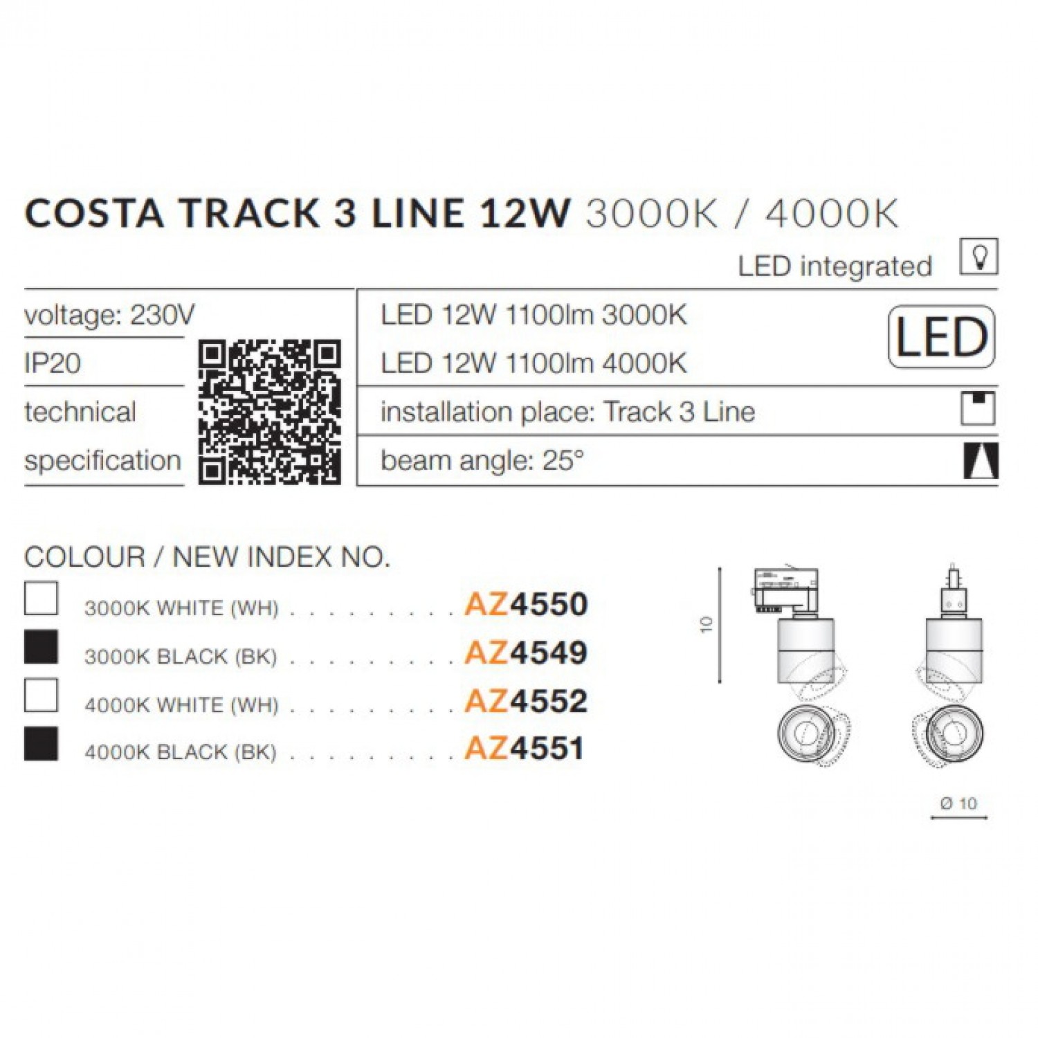 Трековий світильник AZzardo COSTA TRACK 3LINE 12W 4000K BK AZ4551