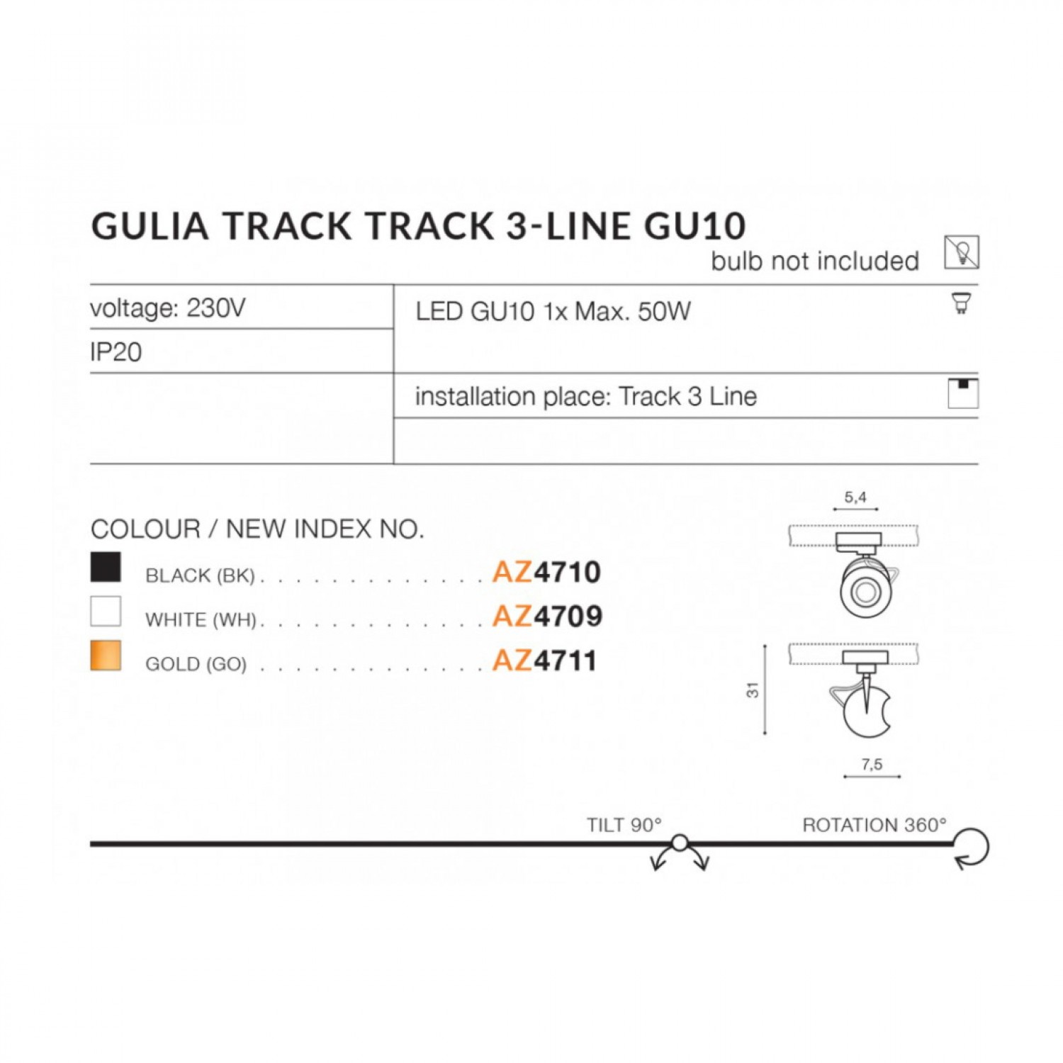 Трековый светильник AZzardo GULIA TRACK 3LINE GU10 GO AZ4711