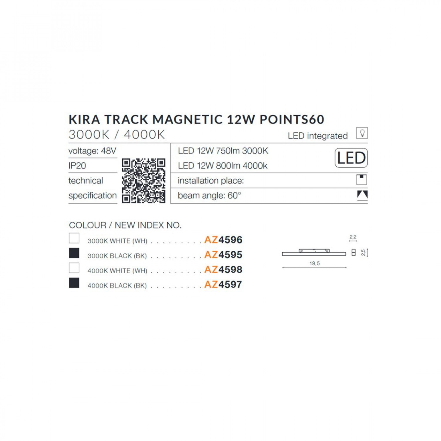 Трековый светильник AZzardo KIRA TRACK MAGNETIC 12W POINTS60 3000K BK AZ4595