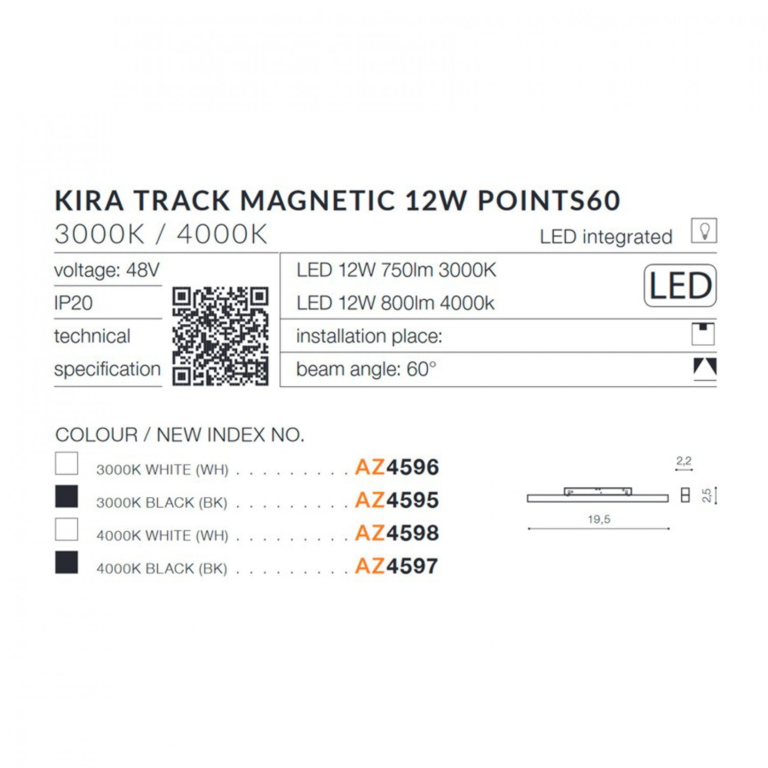 Трековый светильник AZzardo KIRA TRACK MAGNETIC 12W POINTS60 4000K BK AZ4597