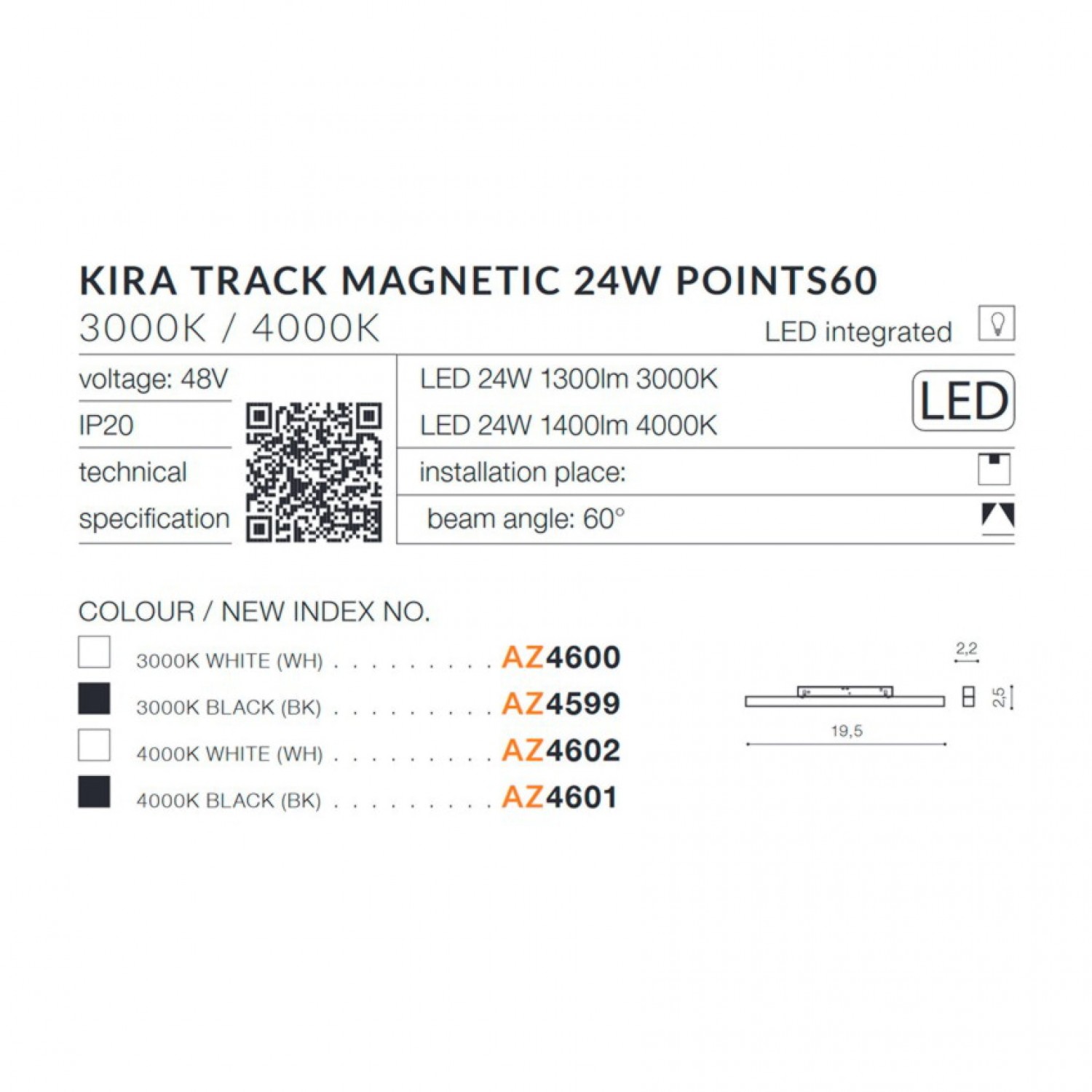 Трековий світильник AZzardo KIRA TRACK MAGNETIC 24W POINTS60 3000K WH AZ4600