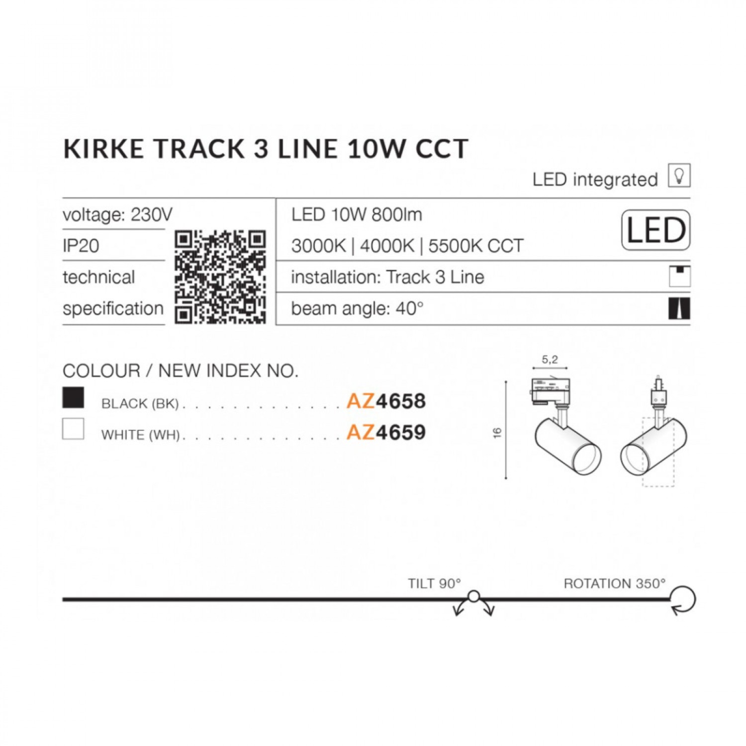 Трековый светильник AZzardo KIRKE TRACK 3LINE 10W CCT BK AZ4658