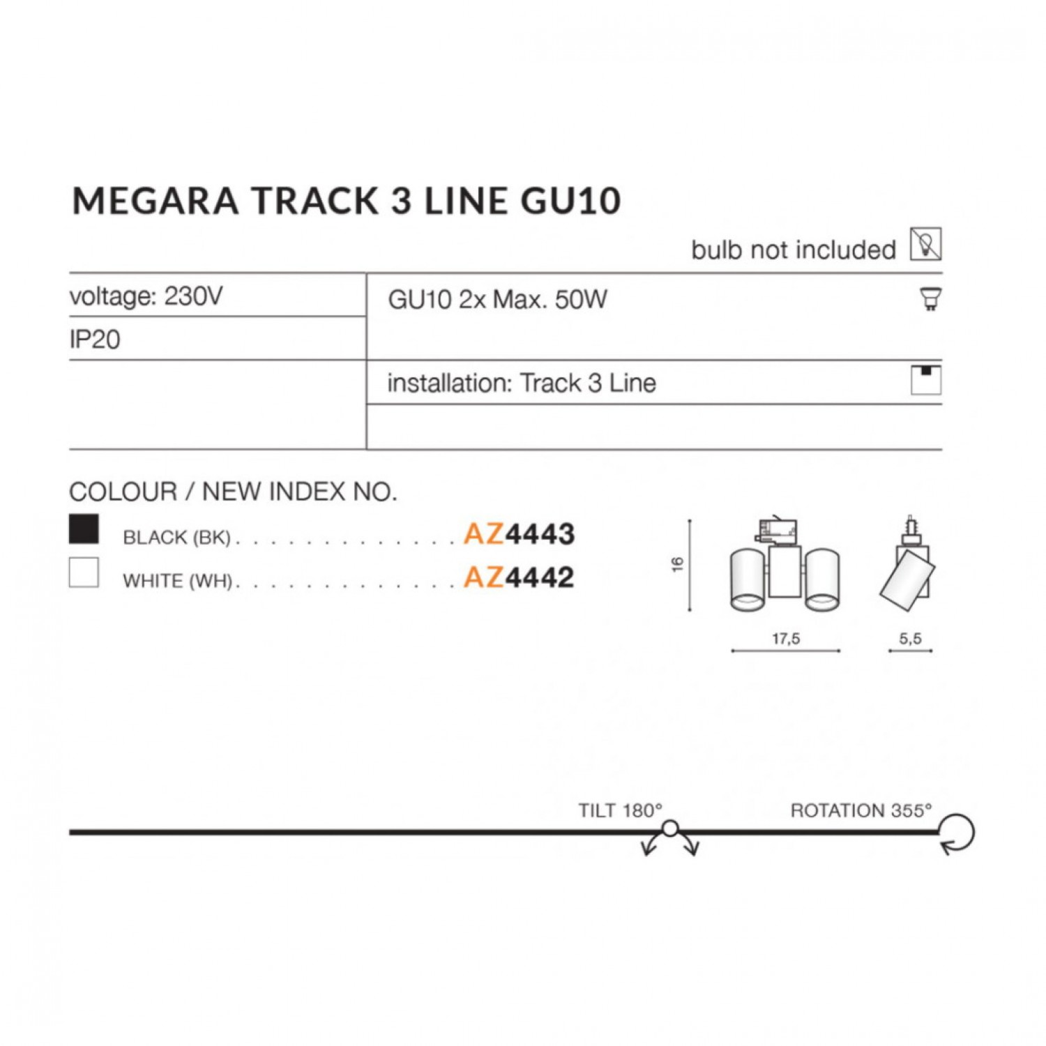 Трековый светильник AZzardo MEGARA TRACK 3LINE GU10 BK AZ4443