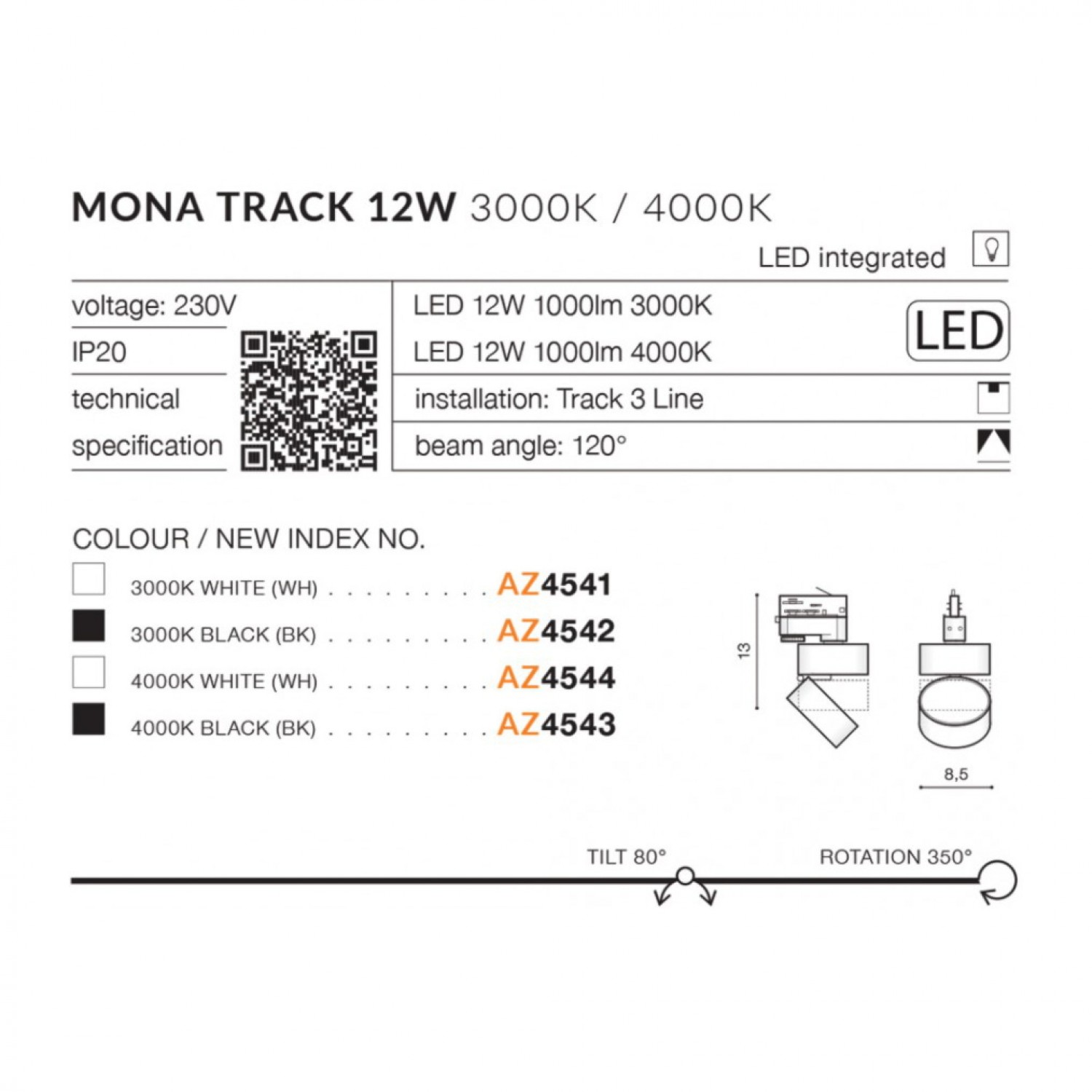 Трековый светильник AZzardo MONA TRACK 3LINE 12W 3000K BK AZ4542