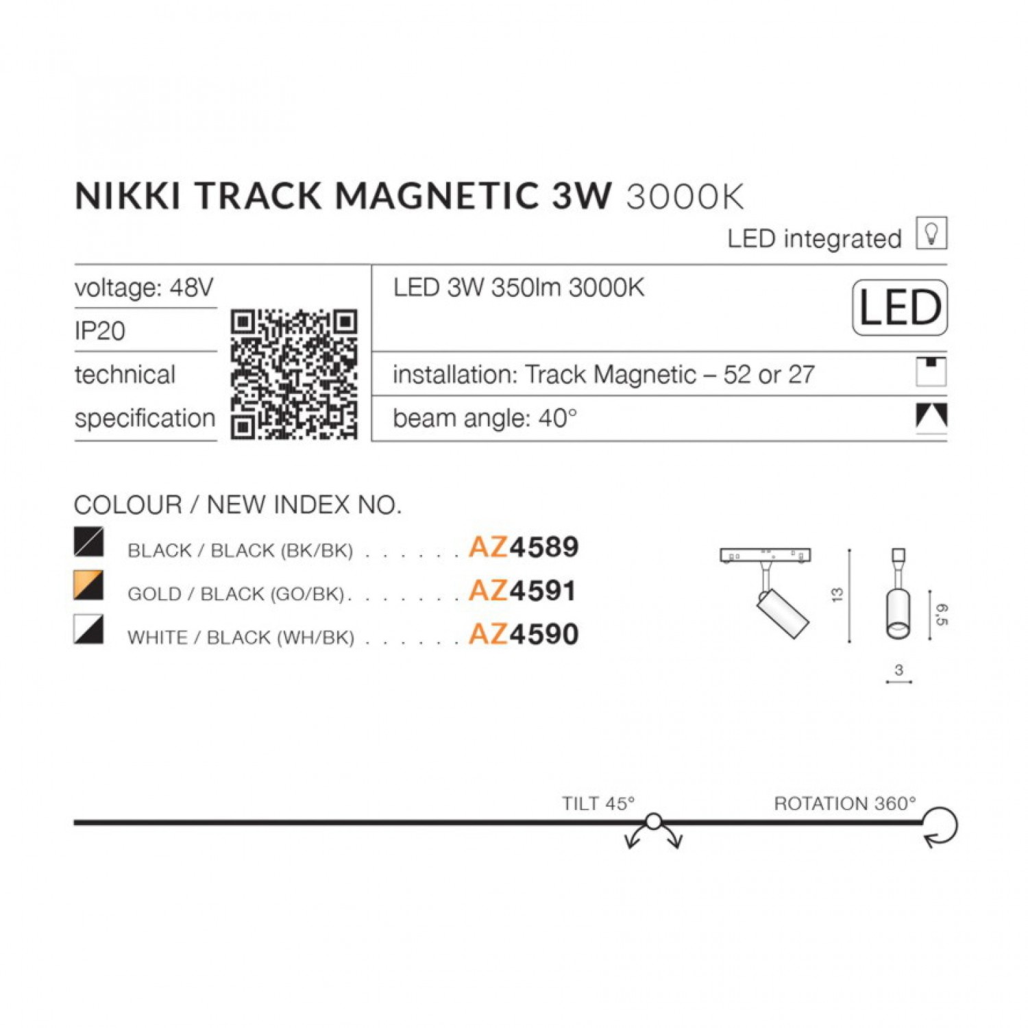 Трековый светильник AZzardo NIKKI TRACK MAGNETIC 3W 3000K WH/BK AZ4590