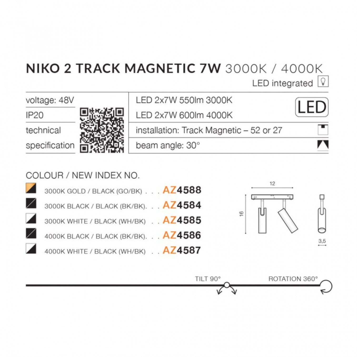Трековый светильник AZzardo NIKO 2 TRACK MAGNETIC 2x7W 3000K BK/BK AZ4584