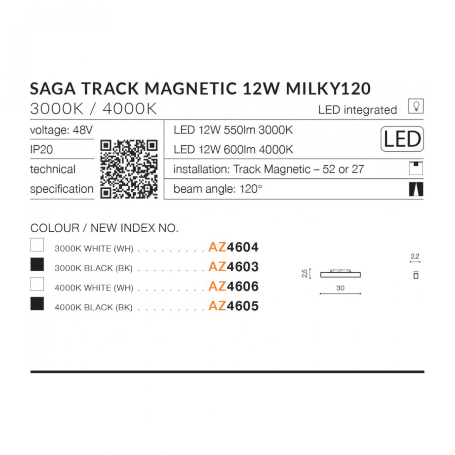 Трековий світильник AZzardo SAGA TRACK MAGNETIC 12W MILKY120 4000K WH AZ4606