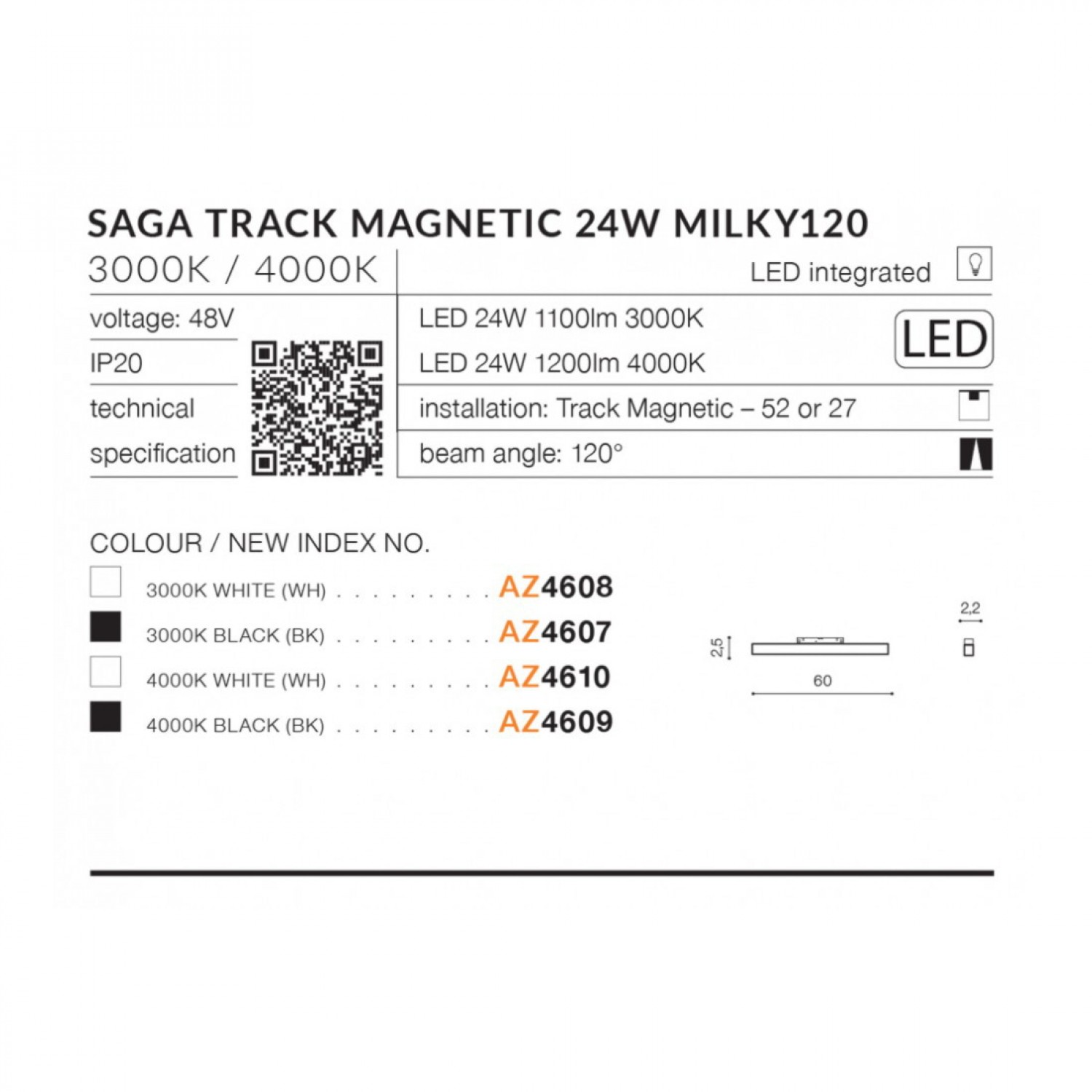 Трековый светильник AZzardo SAGA TRACK MAGNETIC 24W MILKY120 3000K BK AZ4607
