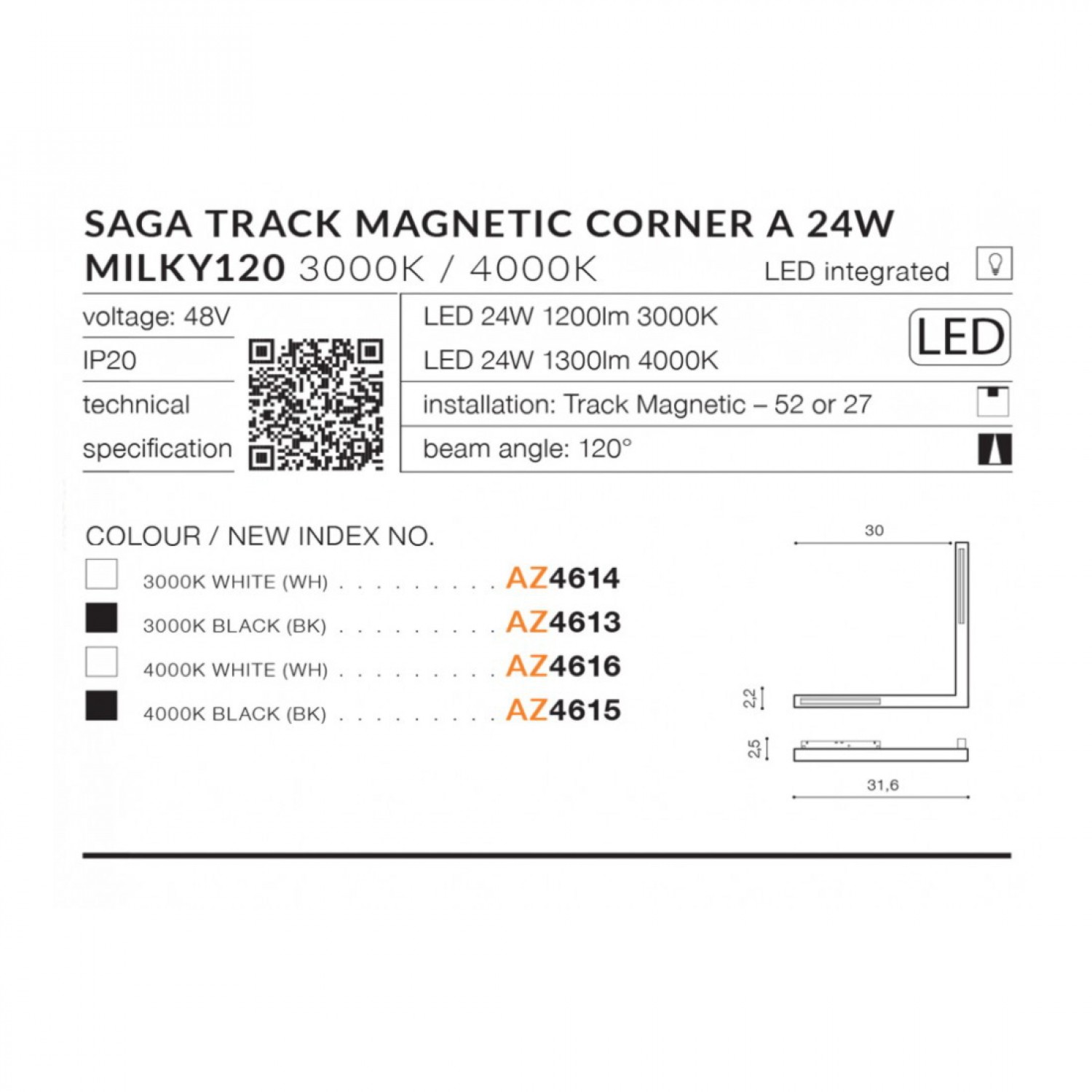 Трековий світильник AZzardo SAGA TRACK MAGNETIC CORNER A 24W MILKY120 3000K BK AZ4613
