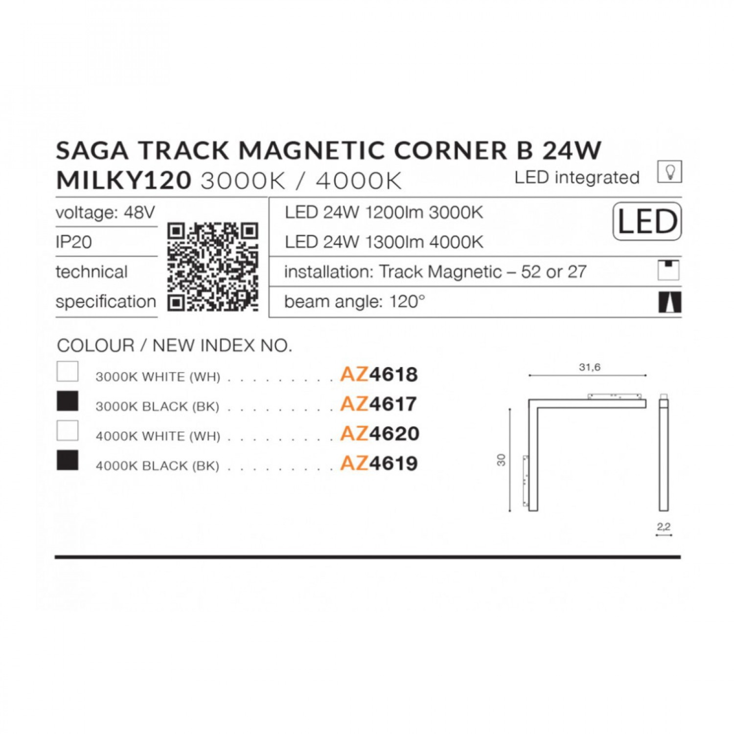Трековый светильник AZzardo SAGA TRACK MAGNETIC CORNER B 24W MILKY120 3000K WH AZ4618