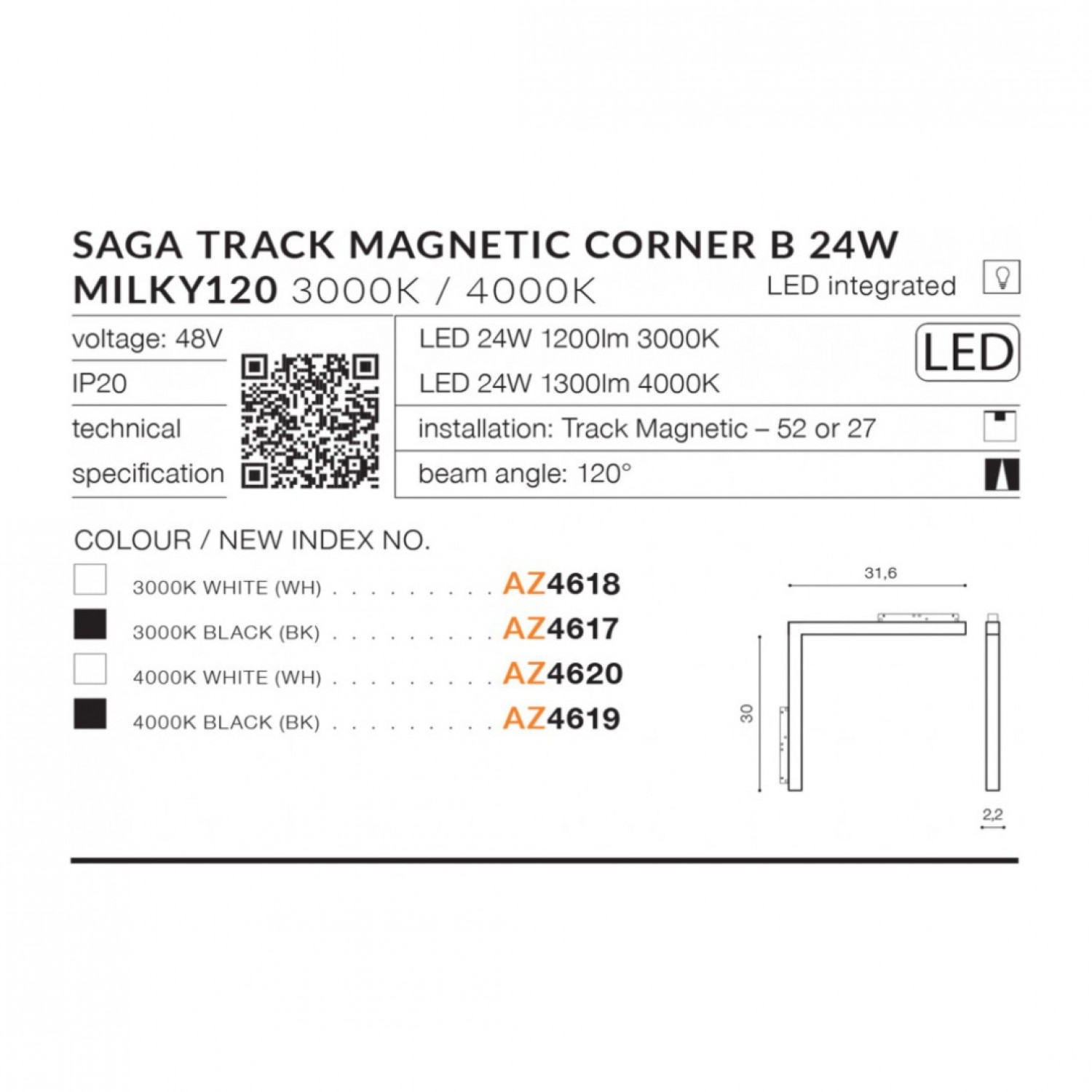 Трековый светильник AZzardo SAGA TRACK MAGNETIC CORNER B 24W MILKY120 4000K BK AZ4619