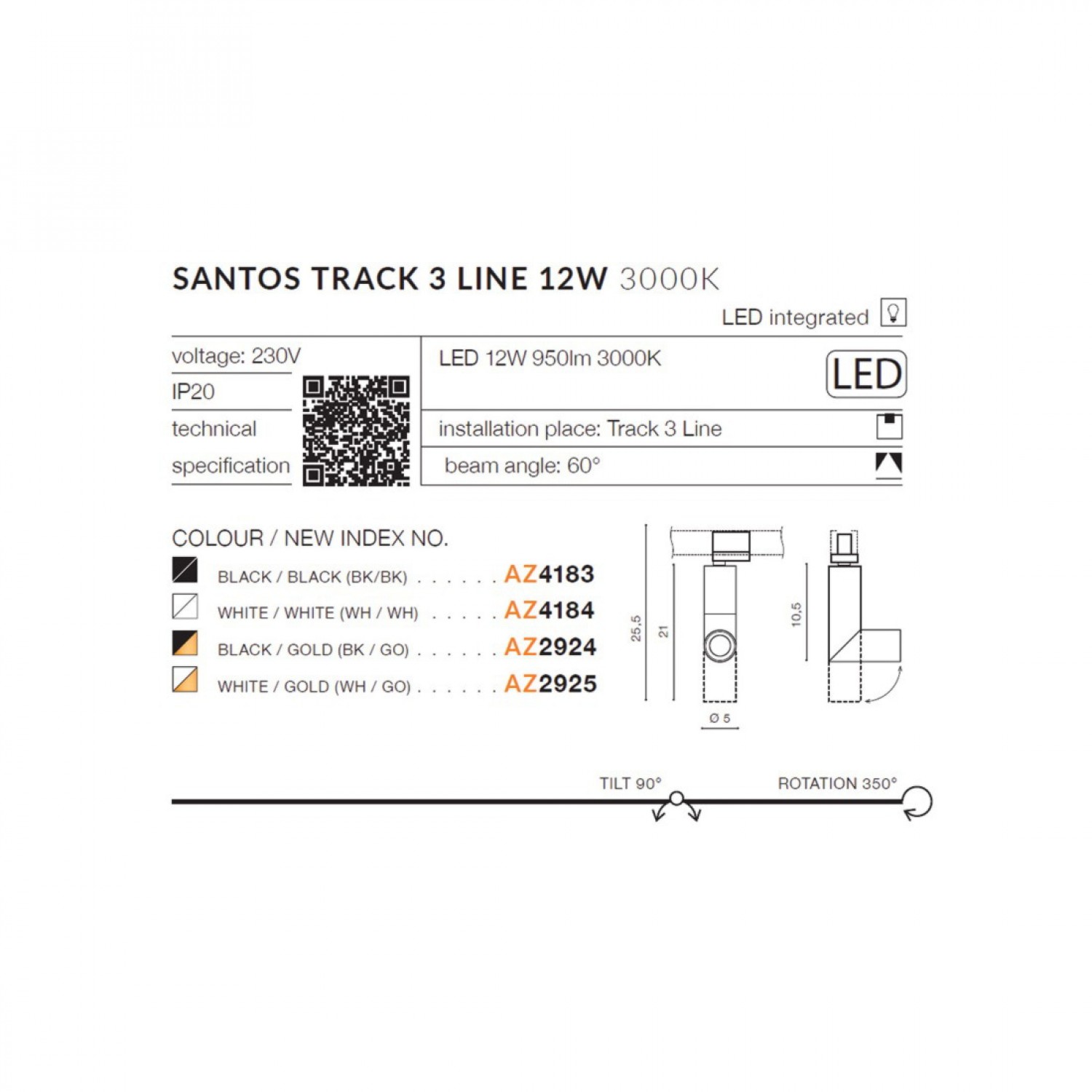 Трековый светильник AZzardo SANTOS TRACK 3LINE 12W 3000K WH/WH AZ4184