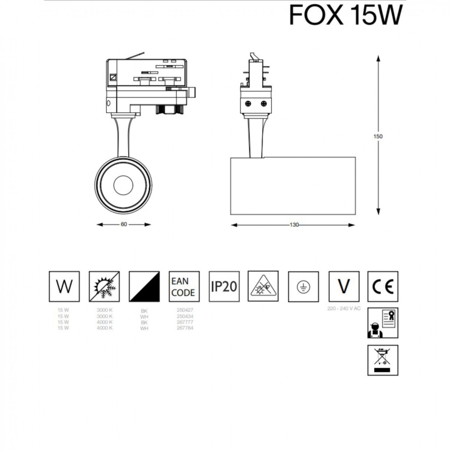 Трековый светильник Ideal Lux Fox 15w cri80 41° 4000k 267784