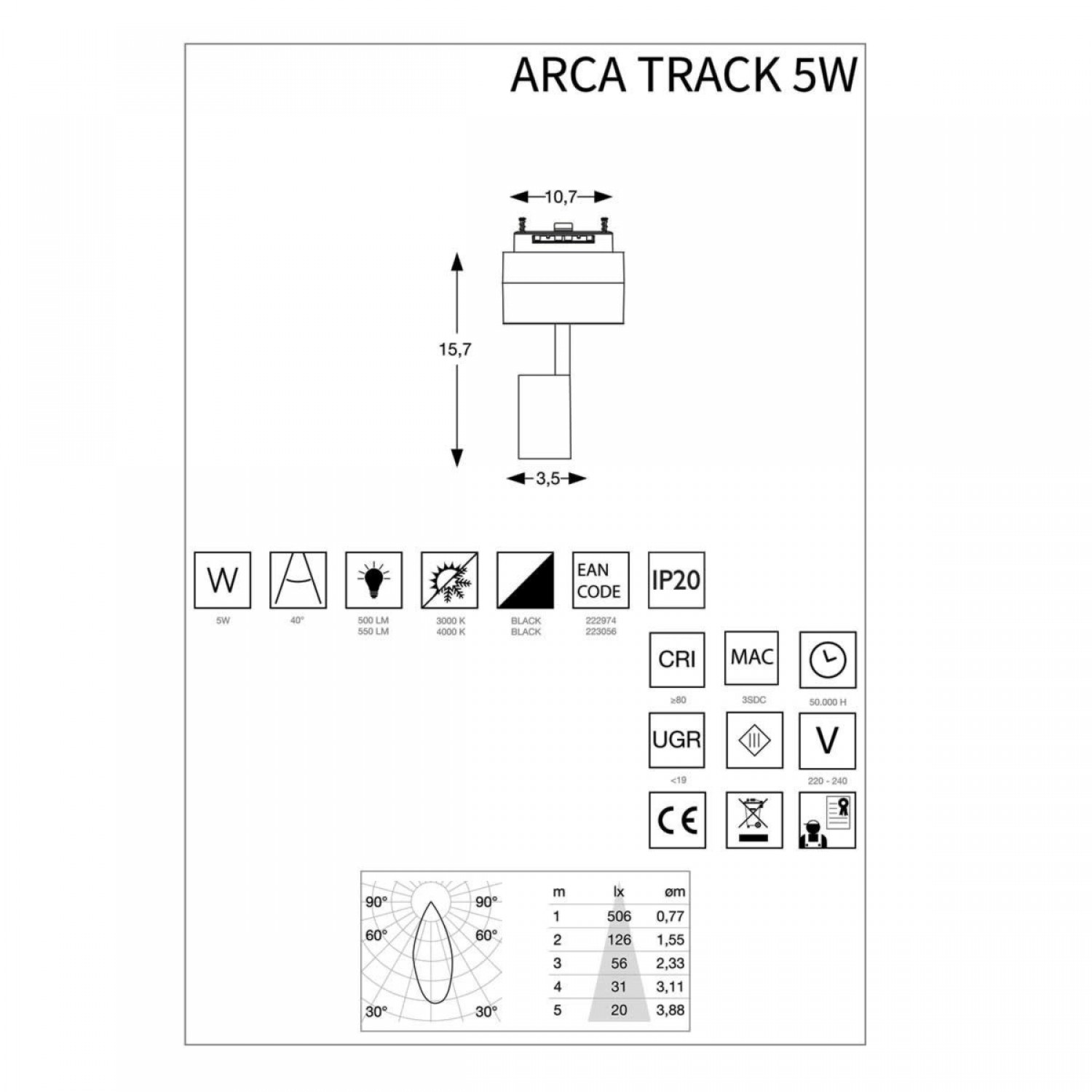 Трековий світильник Ideal Lux ARCA TRACK 5.5W 34° 3000K 222974