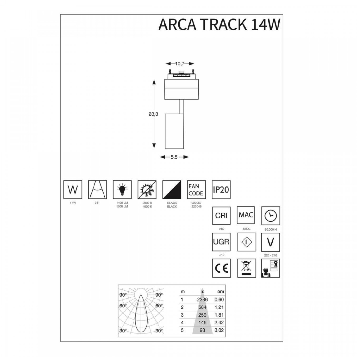 Трековый светильник Ideal Lux ARCA TRACK 14.0W 36° 3000K 222967